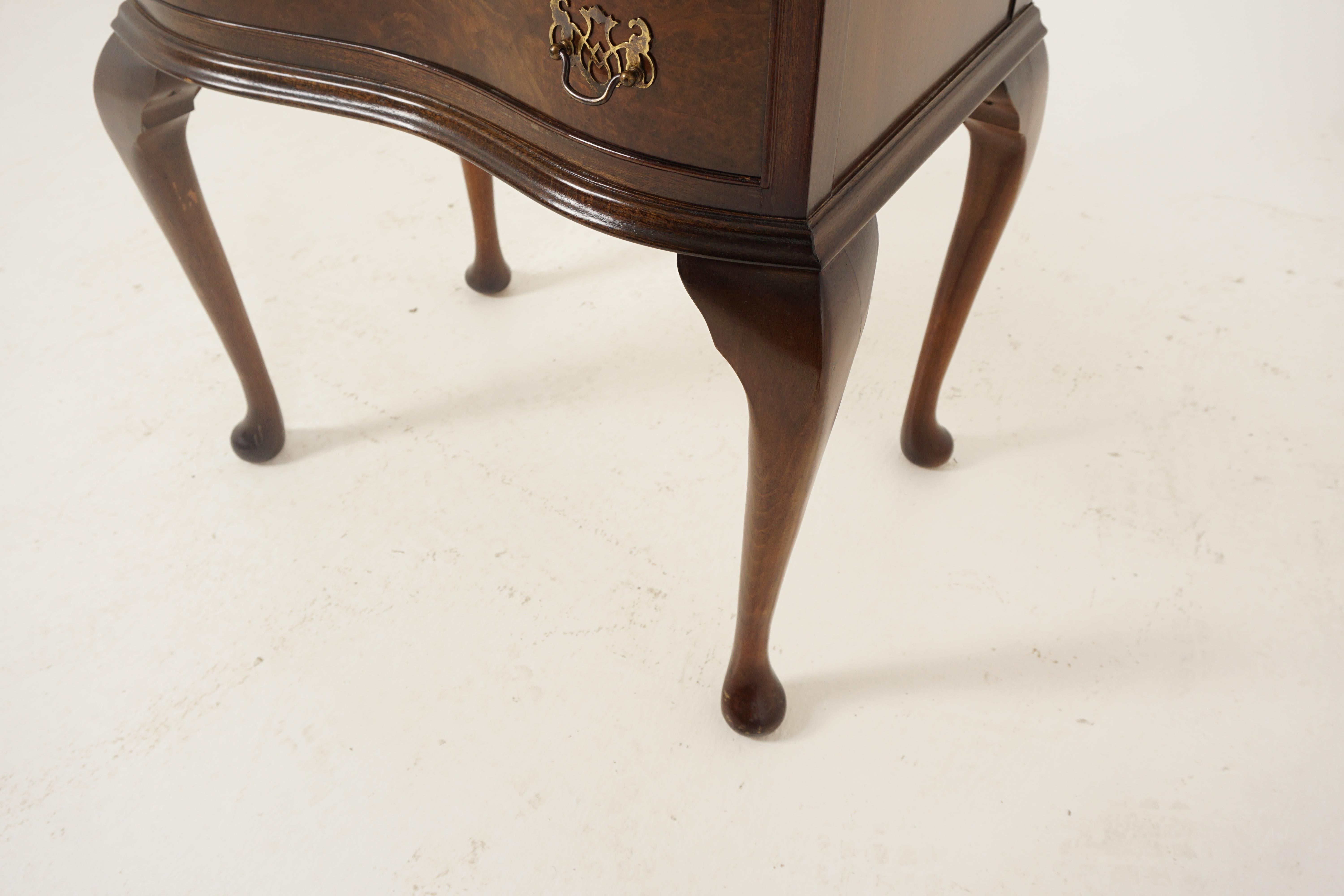 Vintage Burr Walnut Serpentine Dresser Nightstand Drop Leaf Scotland 1930, H242 For Sale 3