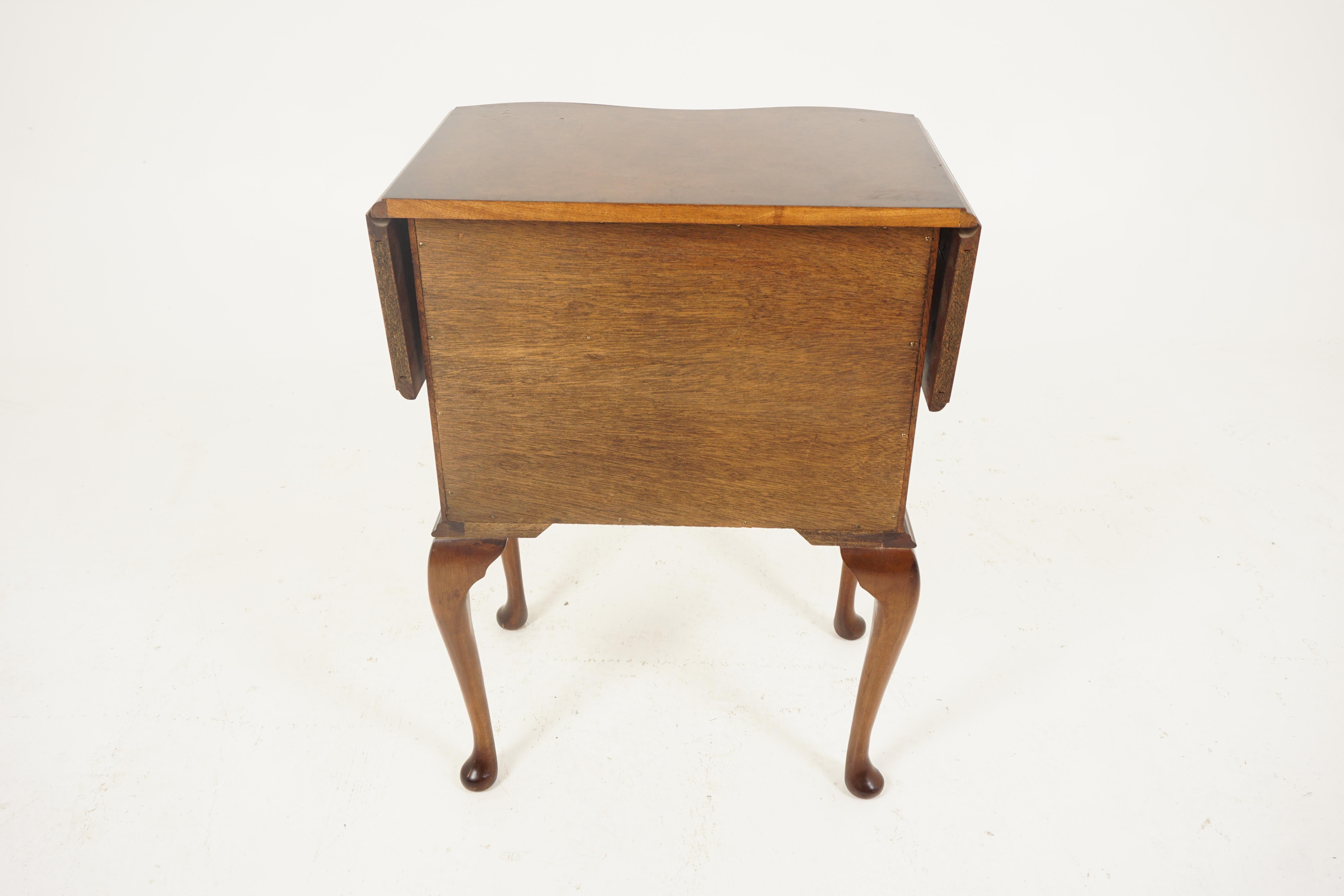 Vintage Burr Walnut Serpentine Dresser Nightstand Drop Leaf Scotland 1930, H242 For Sale 4