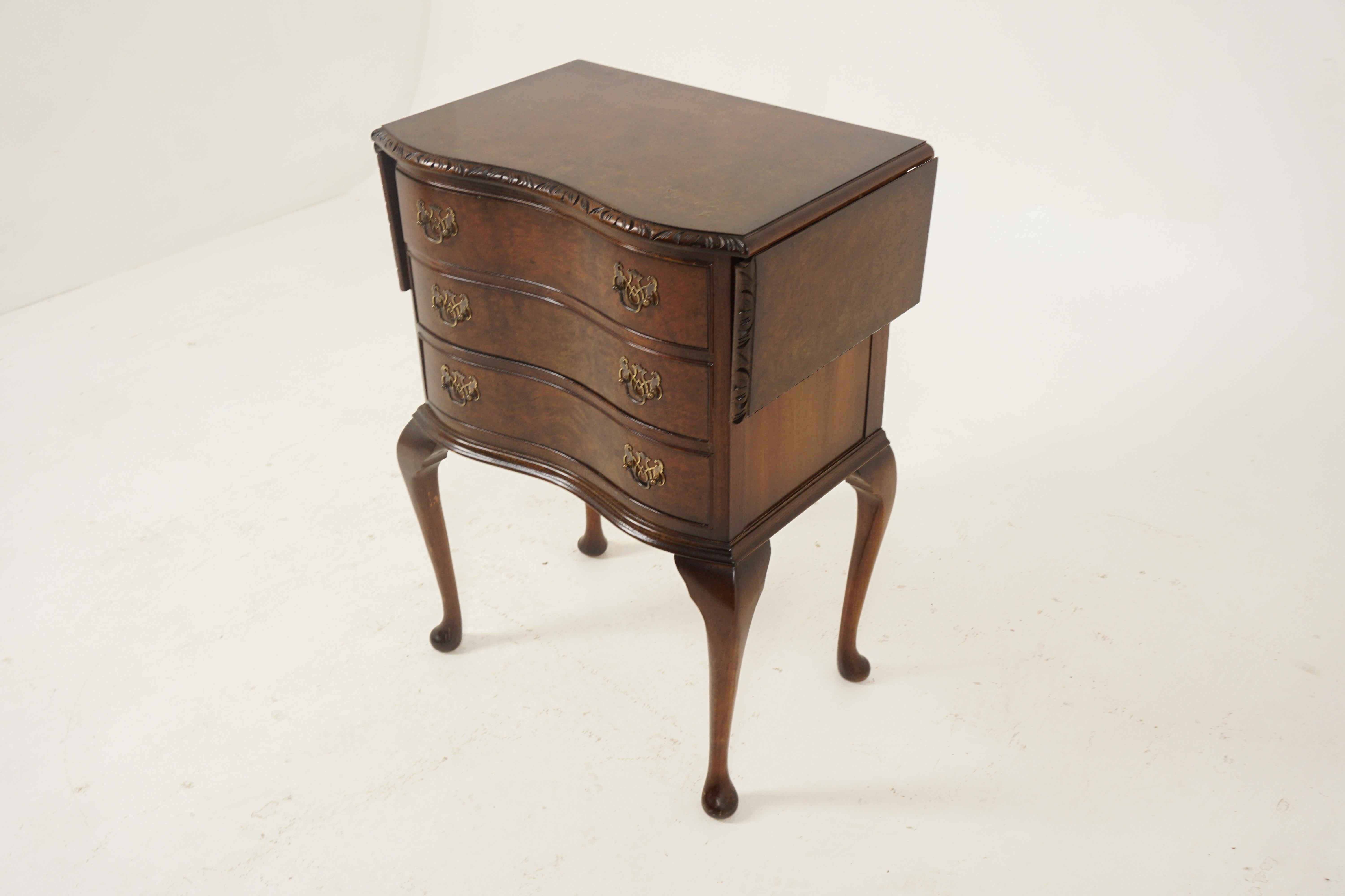 Vintage burr walnut Serpentine dresser, nightstand, drop leaves, Scotland 1930, H242

Scotland 1930
Solid walnut and veneer
Original finish
Burr walnut veneered top
Carved moulding underneath
Three serpentine drawers with original brass pulls 
Pair