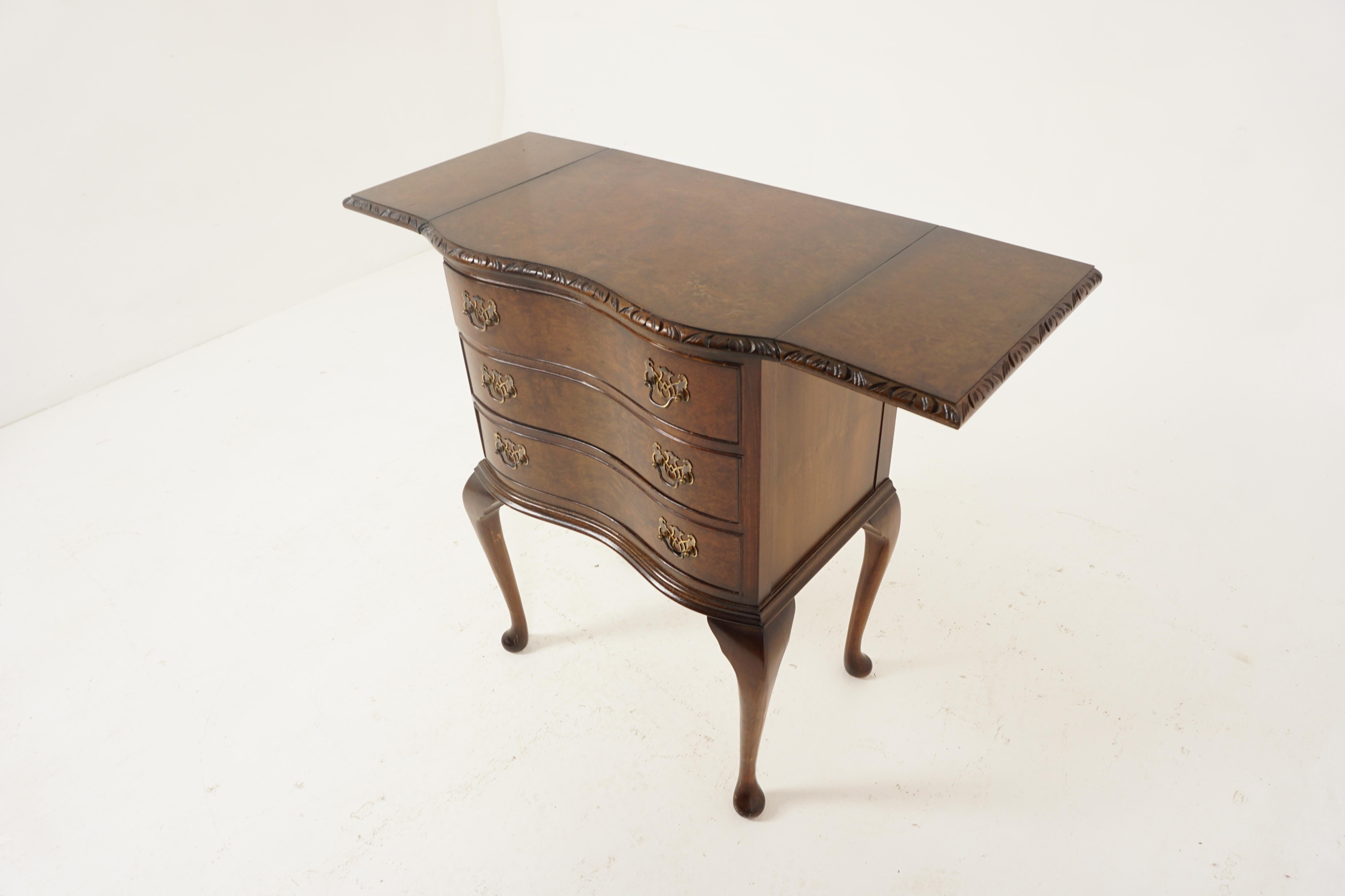 Vintage Burr Walnut Serpentine Dresser Nightstand Drop Leaf Scotland 1930, H242 In Good Condition For Sale In Vancouver, BC