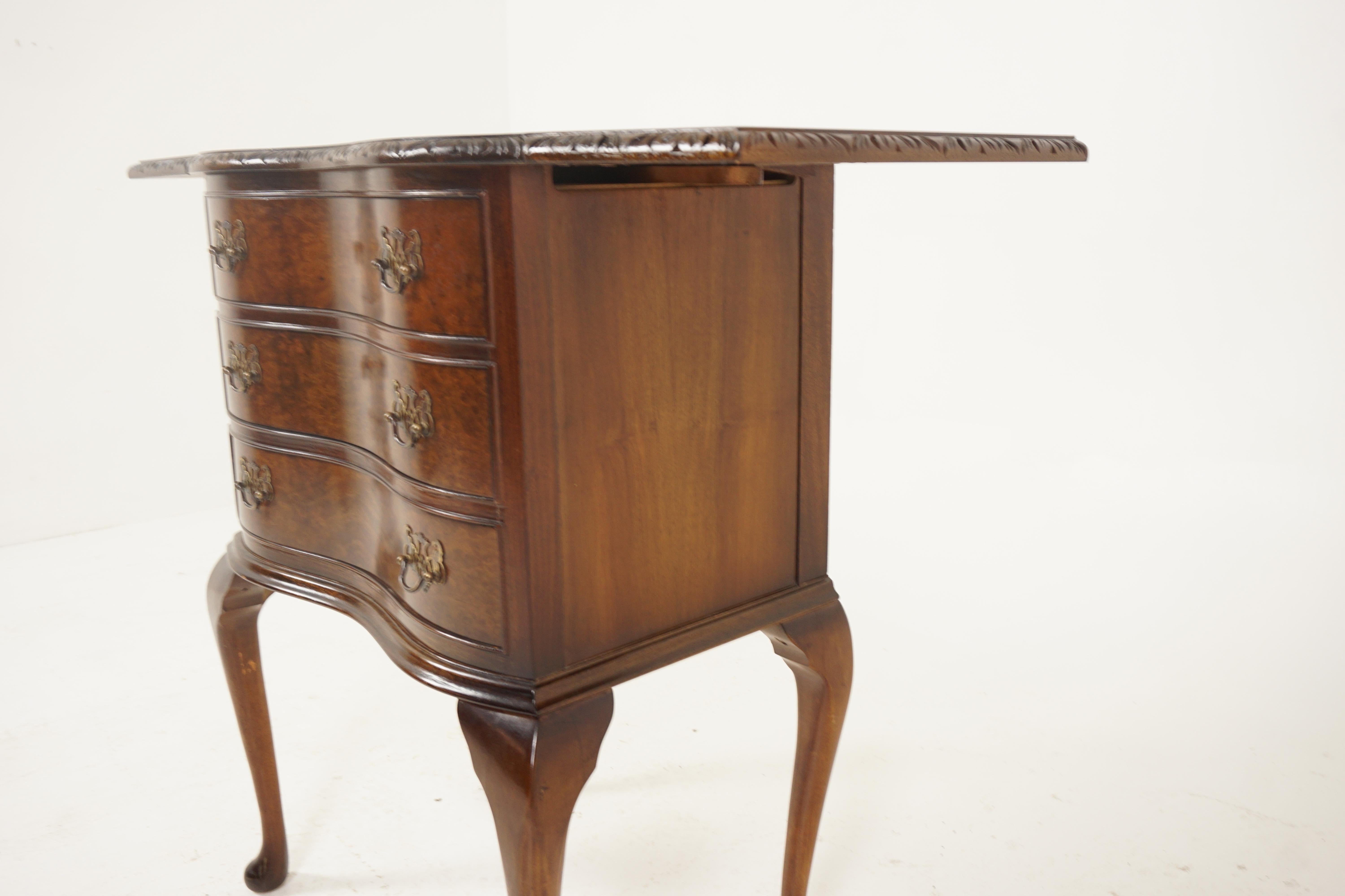 Vintage Burr Walnut Serpentine Dresser Nightstand Drop Leaf Scotland 1930, H242 For Sale 2