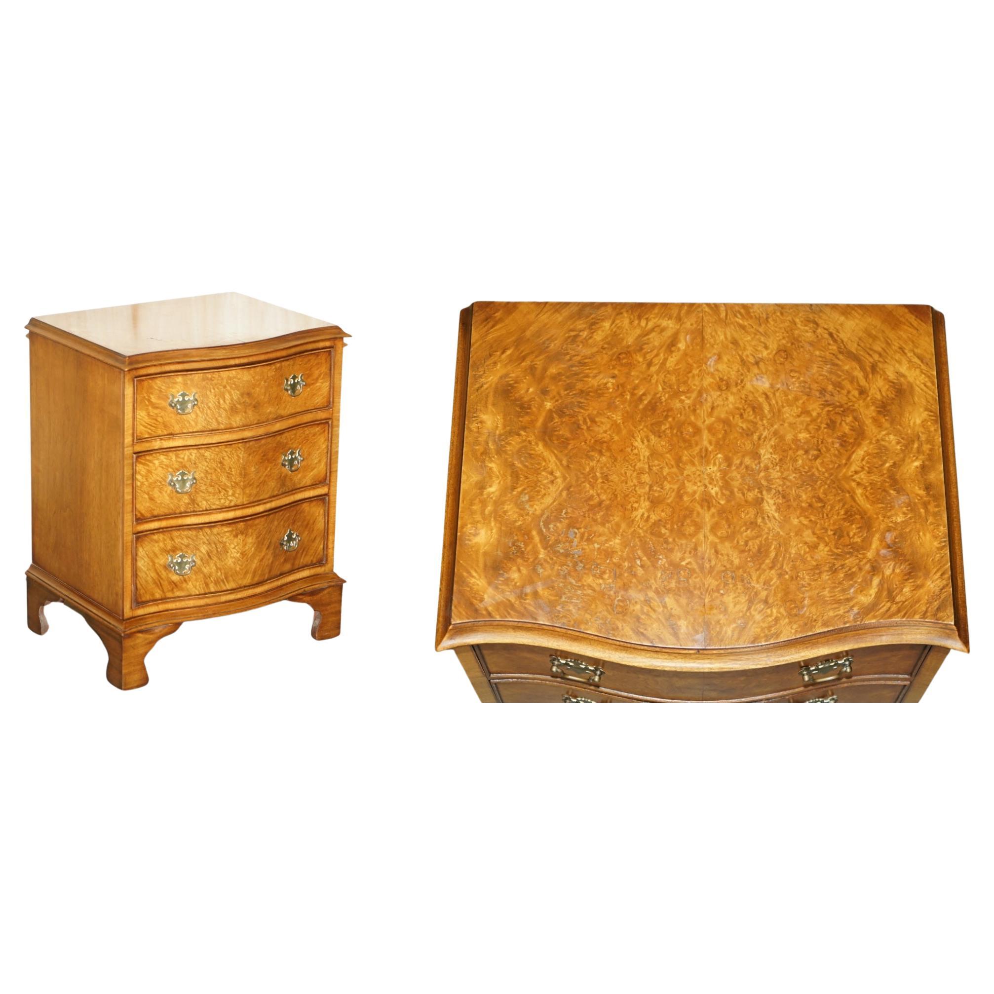 VINTAGE BURR WALNUT SERPENTINE FRONTED NIGHTSTAND SIDE TABLE CHEST OF DRAWERs