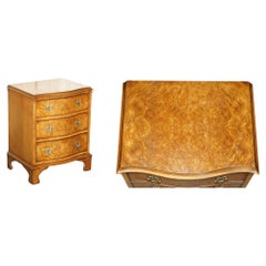VINTAGE BURR WALNUT SERPENTINE FRONTED NIGHTSTAND SIDE TABLE CHEST OF DRAWERs