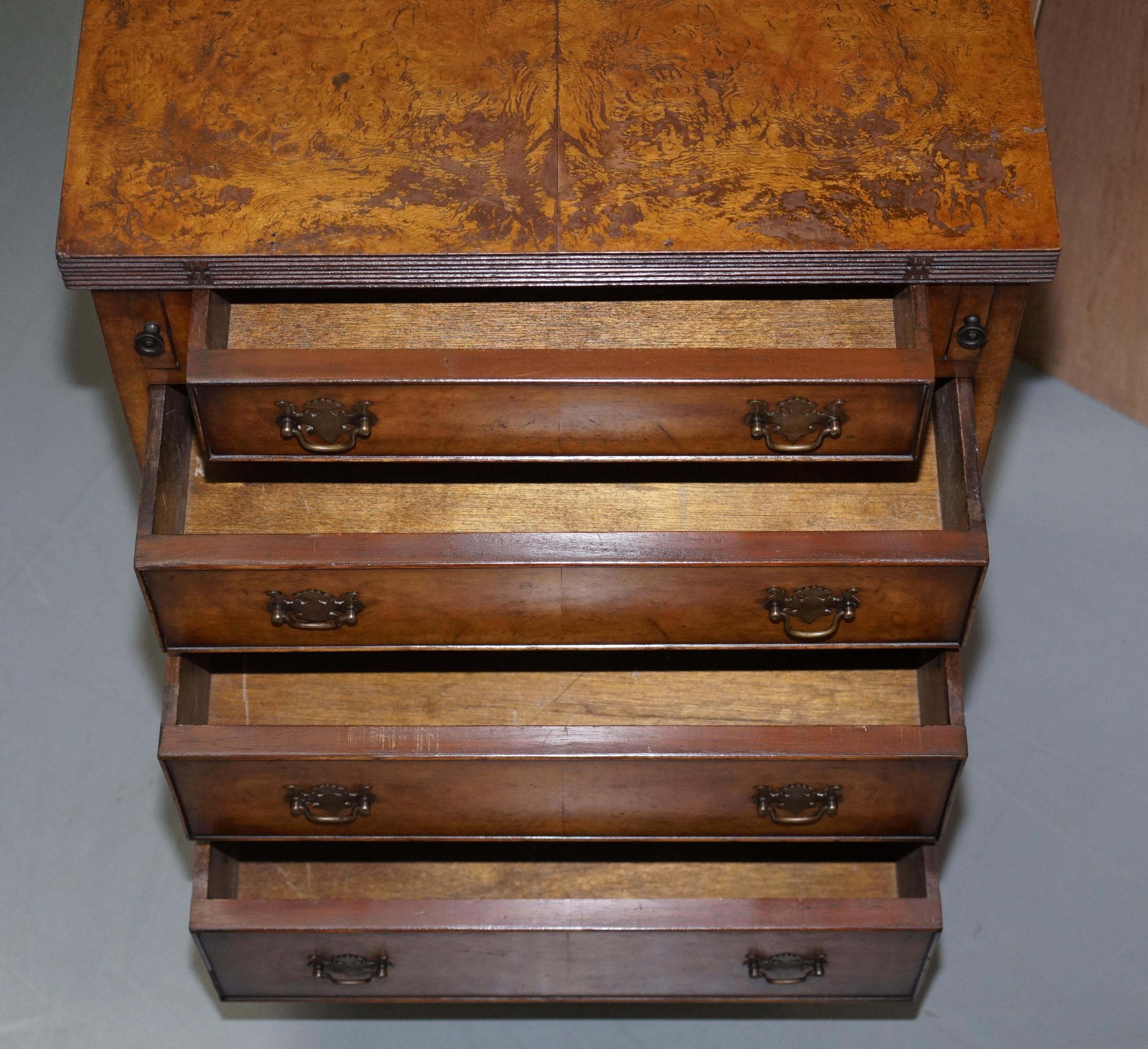 Vintage Burr Walnut Side Table Sized Chest of Drawers with Butlers Serving Tray 8