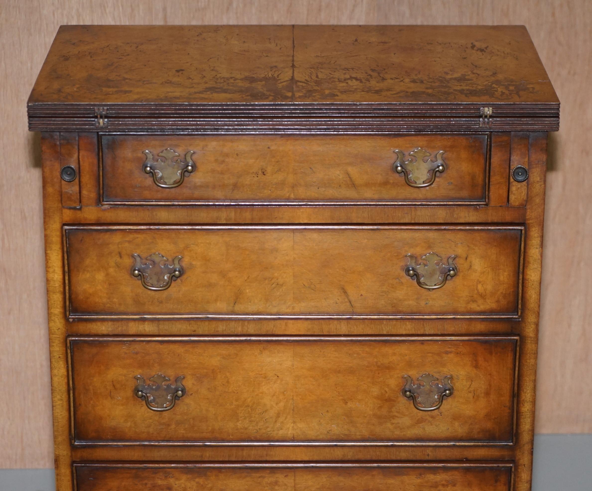 Hand-Crafted Vintage Burr Walnut Side Table Sized Chest of Drawers with Butlers Serving Tray