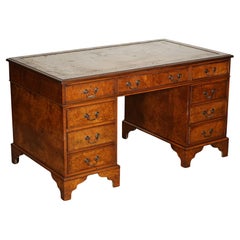 VINTAGE BURR WALNUT TWIN PEDESTAL CUERO MARRON TOP DESK GOLD EMBOSSED TOOLiNG