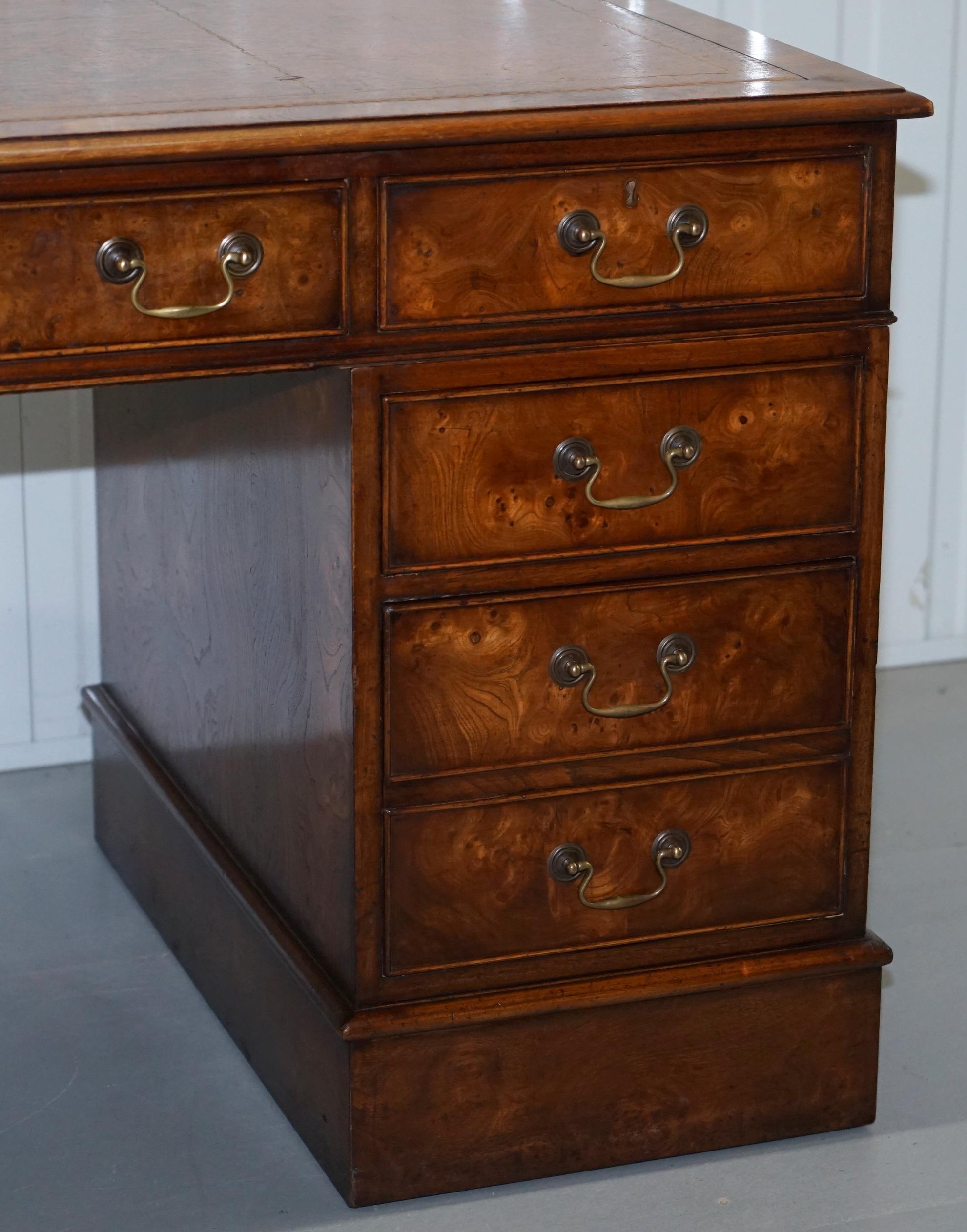 Vintage Burr Walnut Twin Pedestal Partner Desk with Brown Leather Gold Surface 3