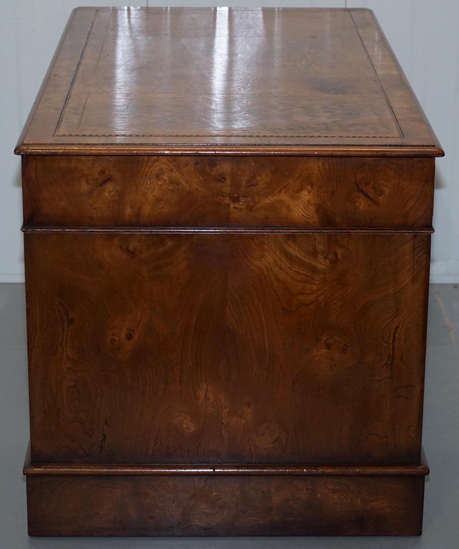 Vintage Burr Walnut Twin Pedestal Partner Desk with Brown Leather Gold Surface 5