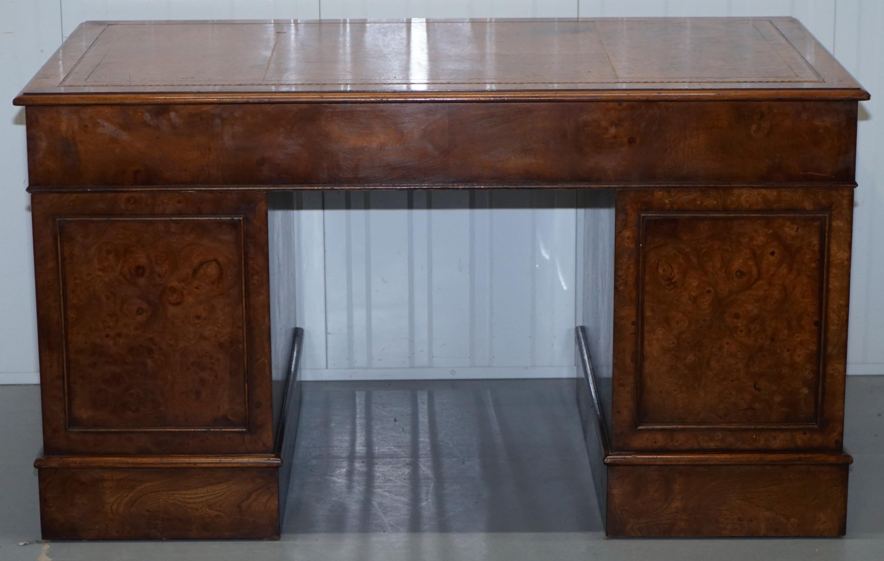 Vintage Burr Walnut Twin Pedestal Partner Desk with Brown Leather Gold Surface 6