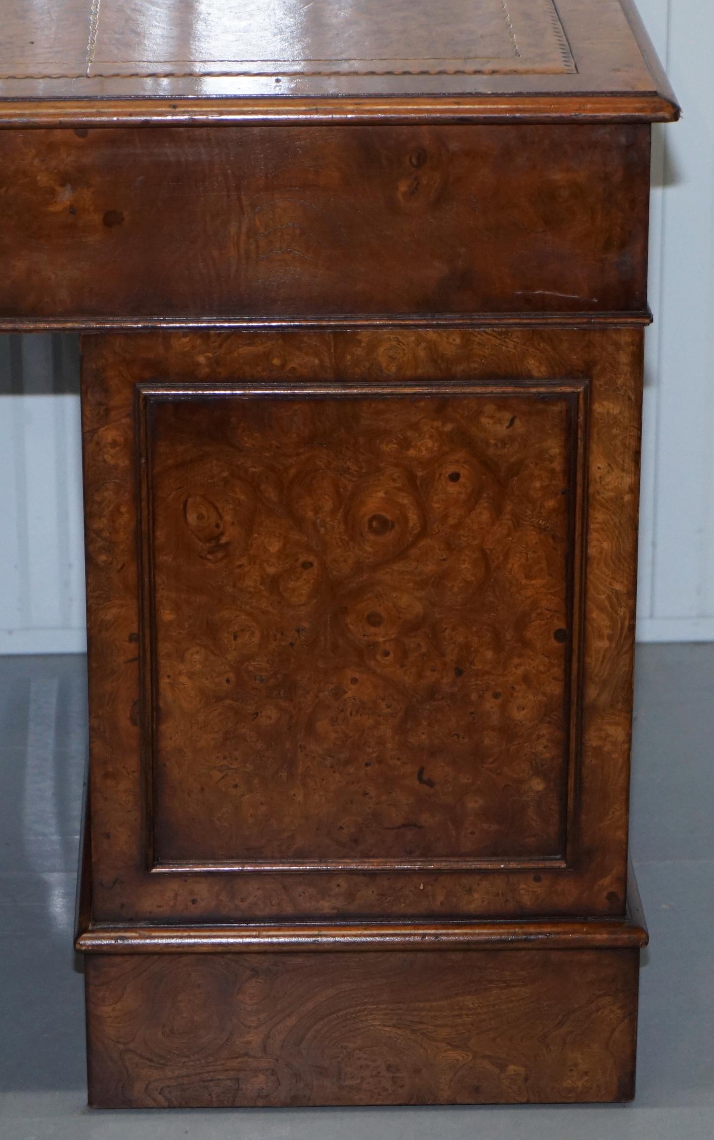 Vintage Burr Walnut Twin Pedestal Partner Desk with Brown Leather Gold Surface 7