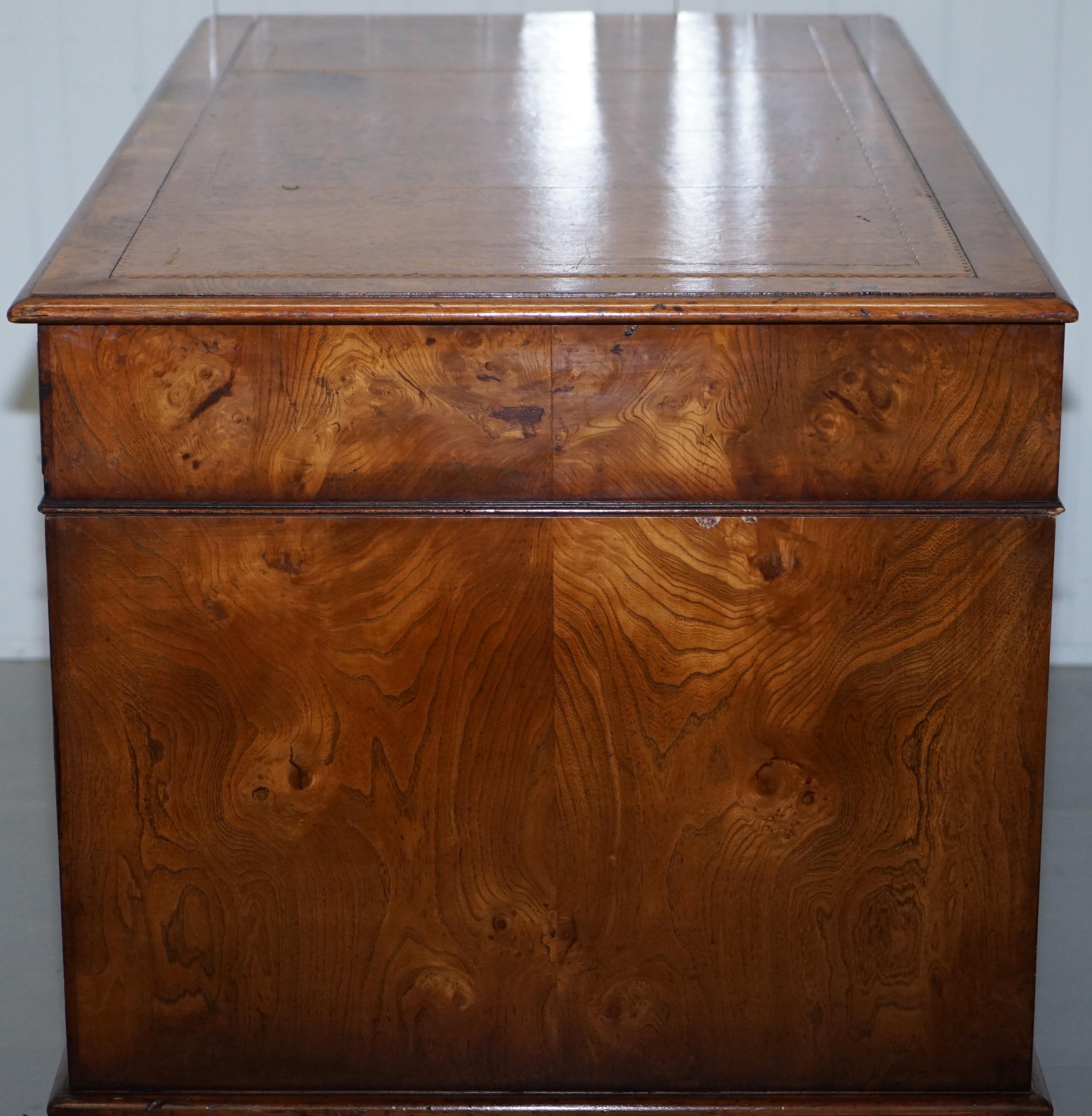 Vintage Burr Walnut Twin Pedestal Partner Desk with Brown Leather Gold Surface 8