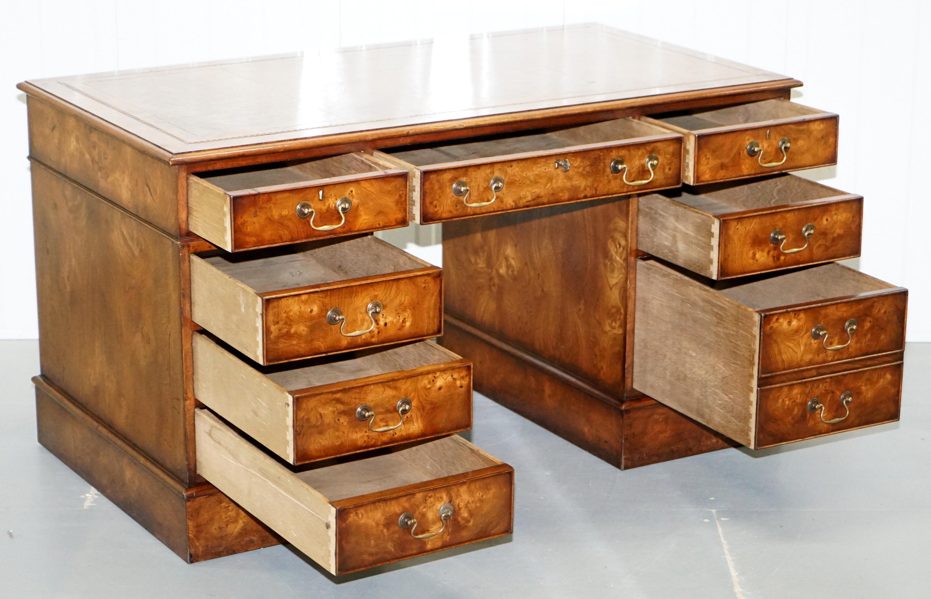 Vintage Burr Walnut Twin Pedestal Partner Desk with Brown Leather Gold Surface 10