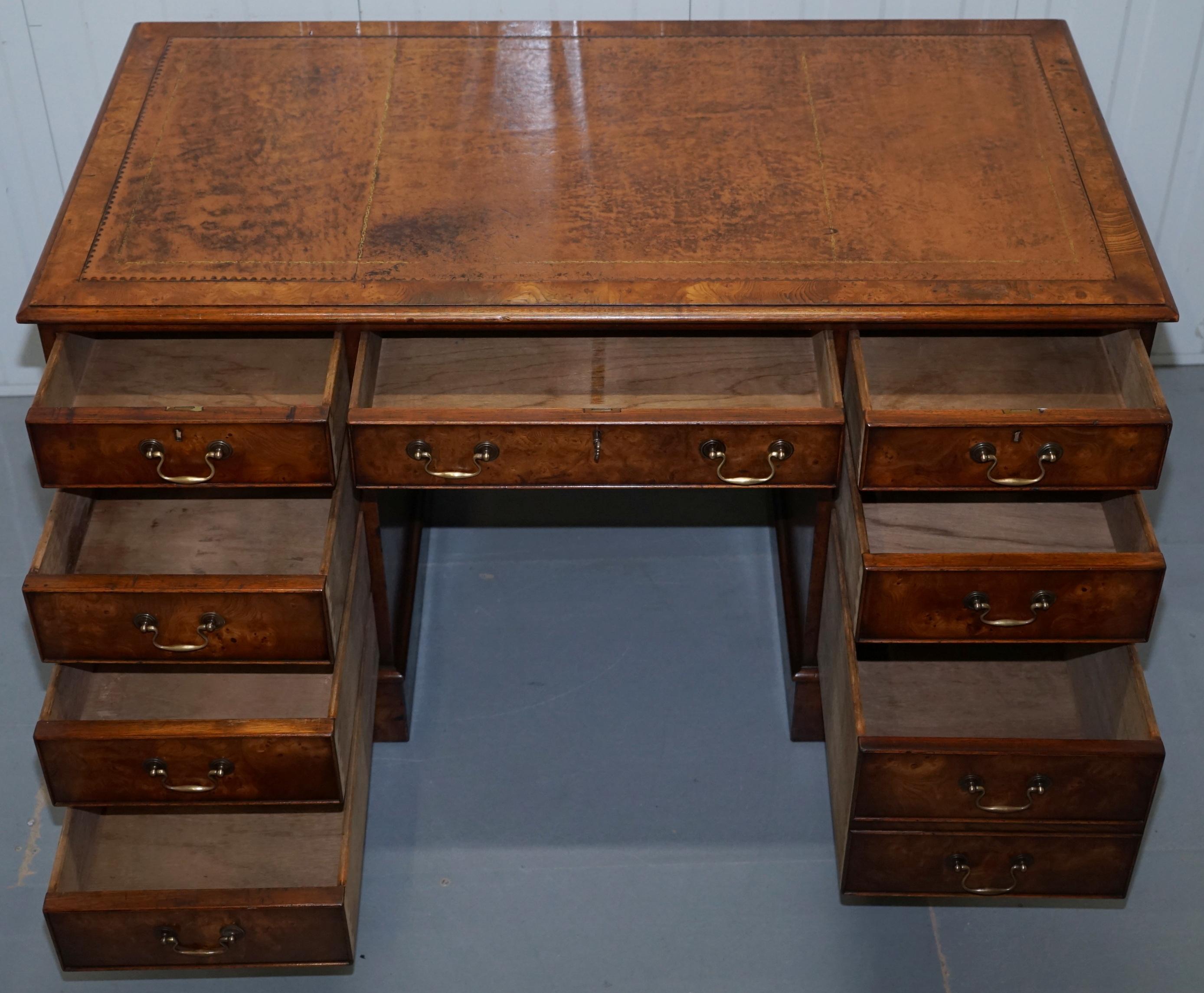 Vintage Burr Walnut Twin Pedestal Partner Desk with Brown Leather Gold Surface 11
