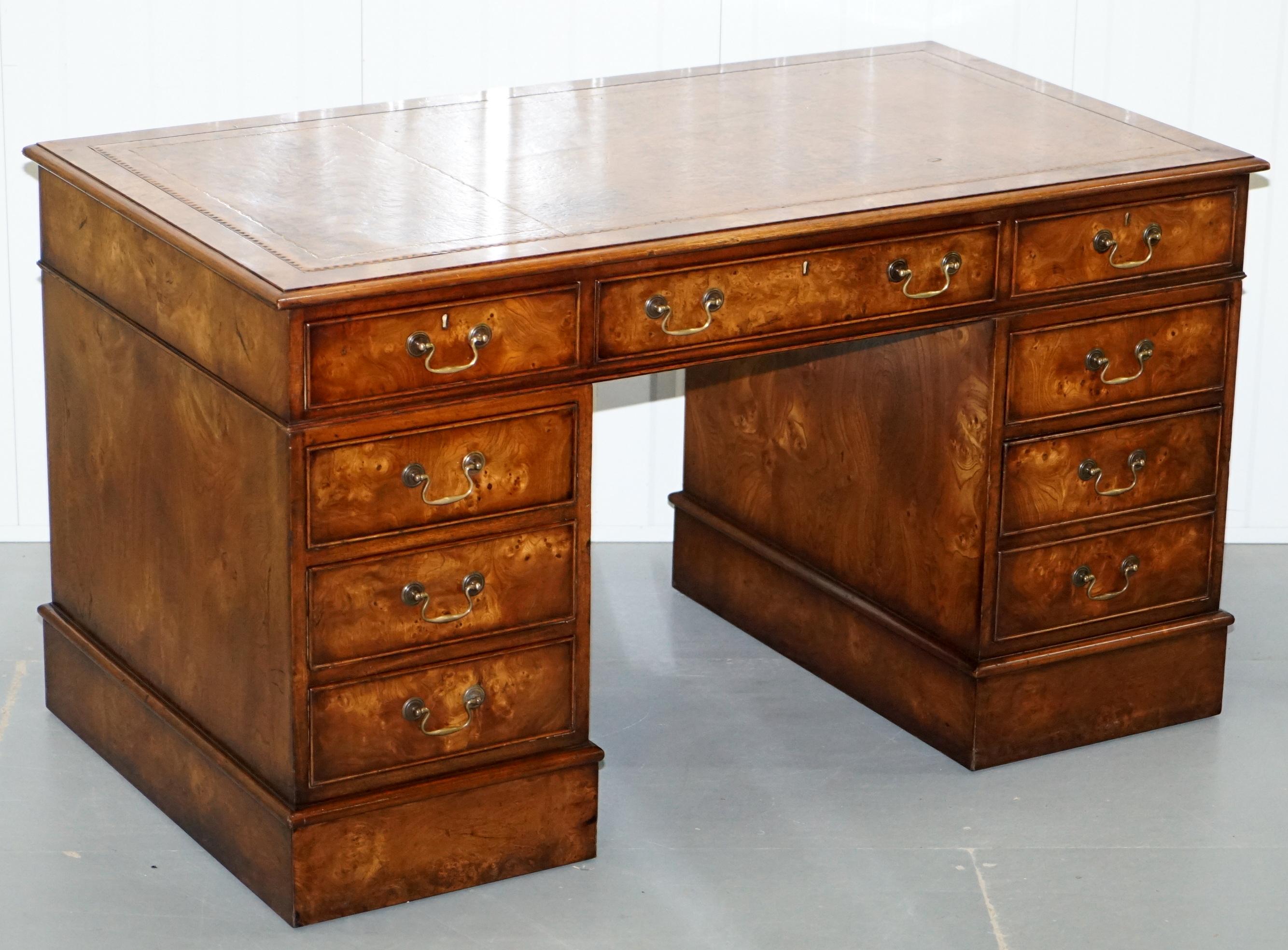 Vintage Burr Walnut Twin Pedestal Partner Desk with Brown Leather Gold Surface (Regency)