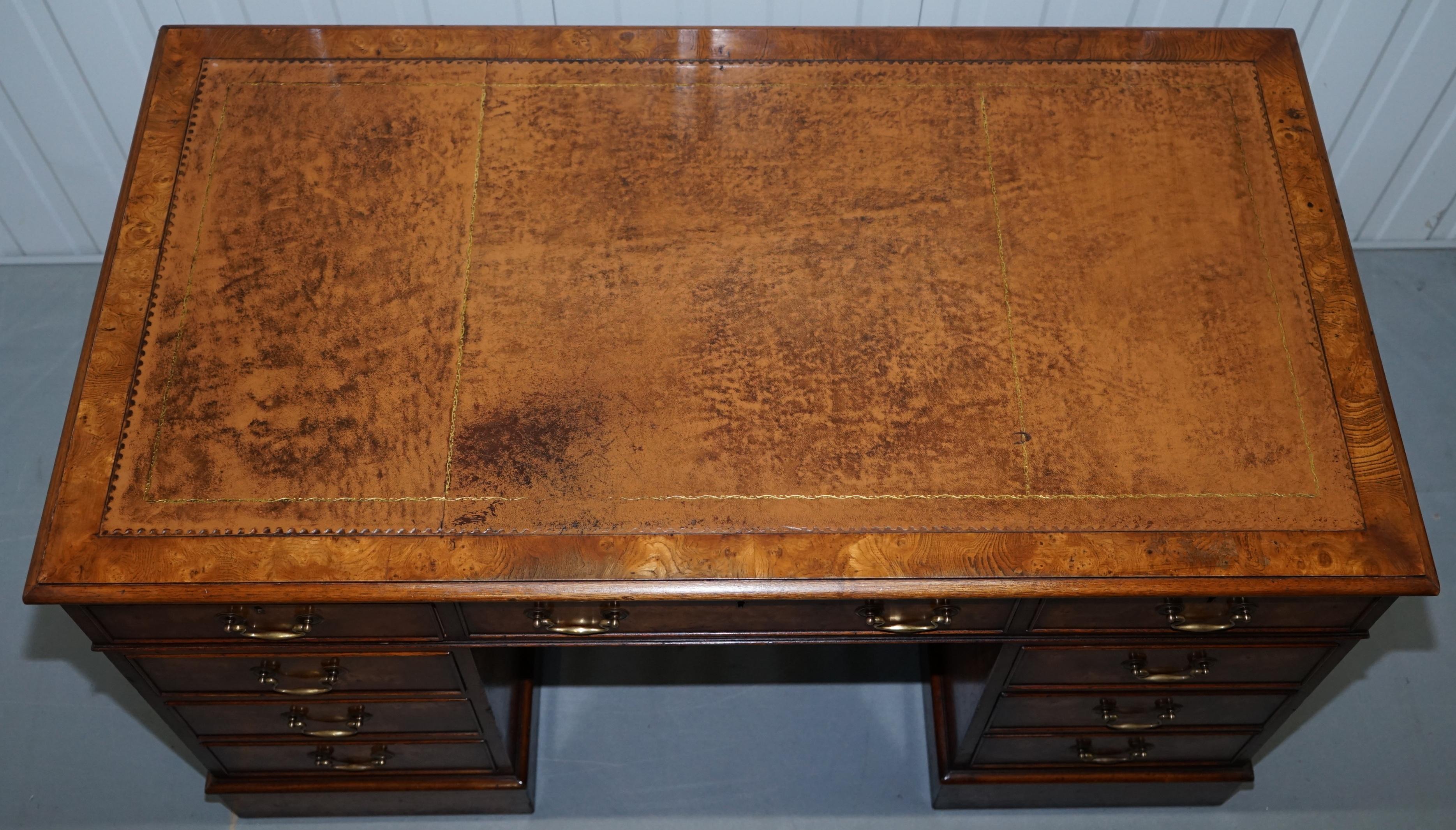 British Vintage Burr Walnut Twin Pedestal Partner Desk with Brown Leather Gold Surface