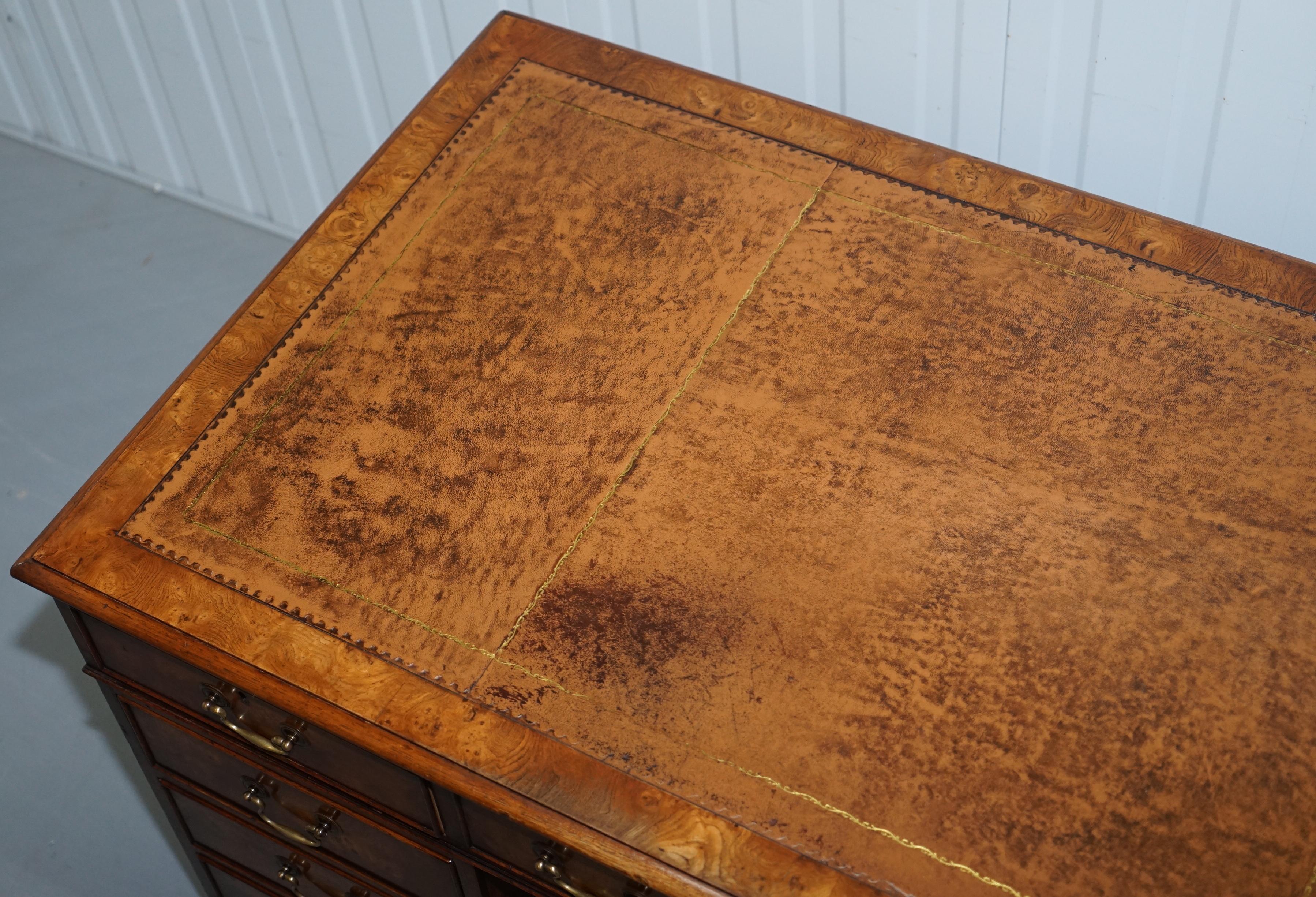 Hand-Carved Vintage Burr Walnut Twin Pedestal Partner Desk with Brown Leather Gold Surface