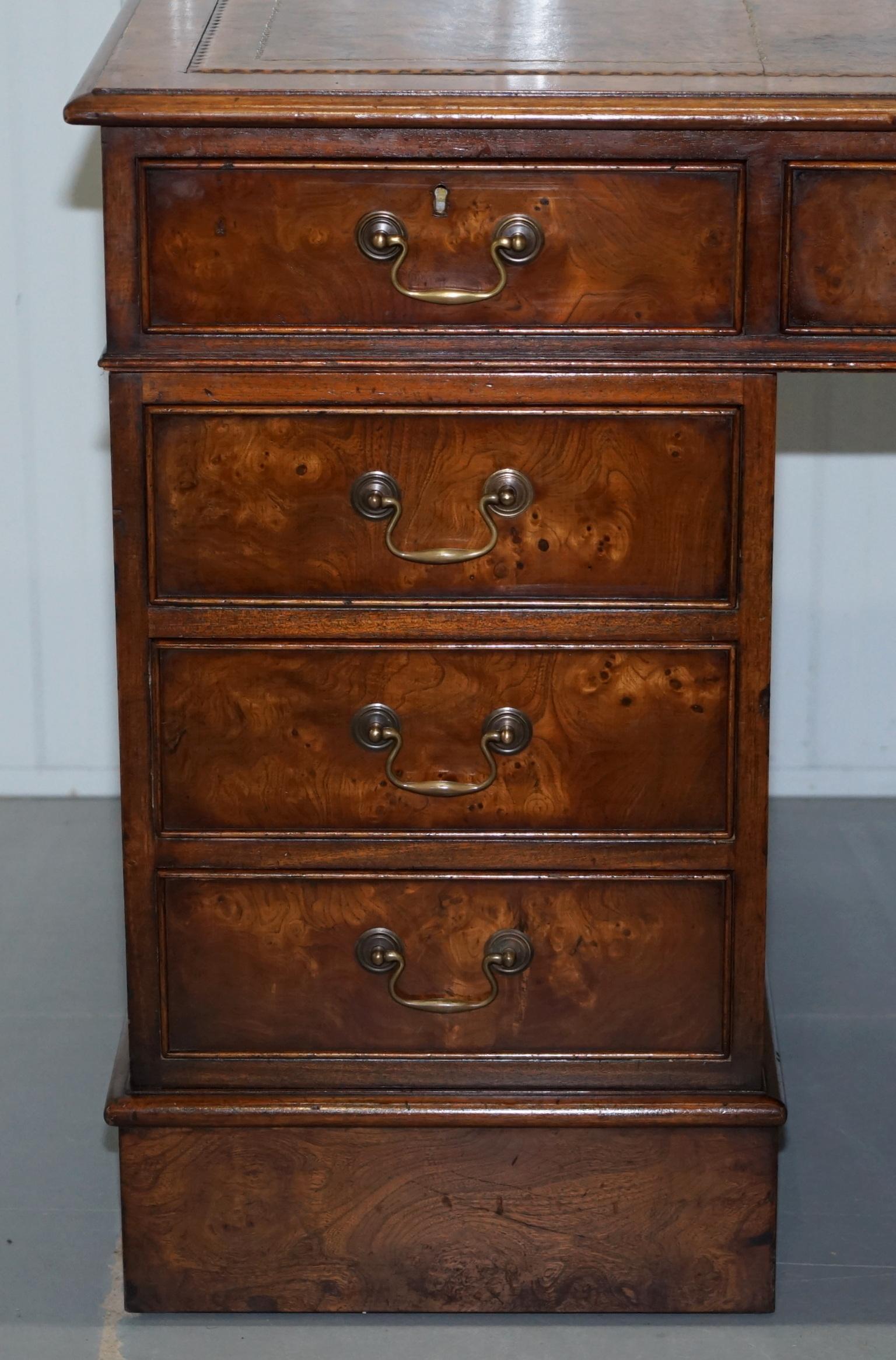 Vintage Burr Walnut Twin Pedestal Partner Desk with Brown Leather Gold Surface 1