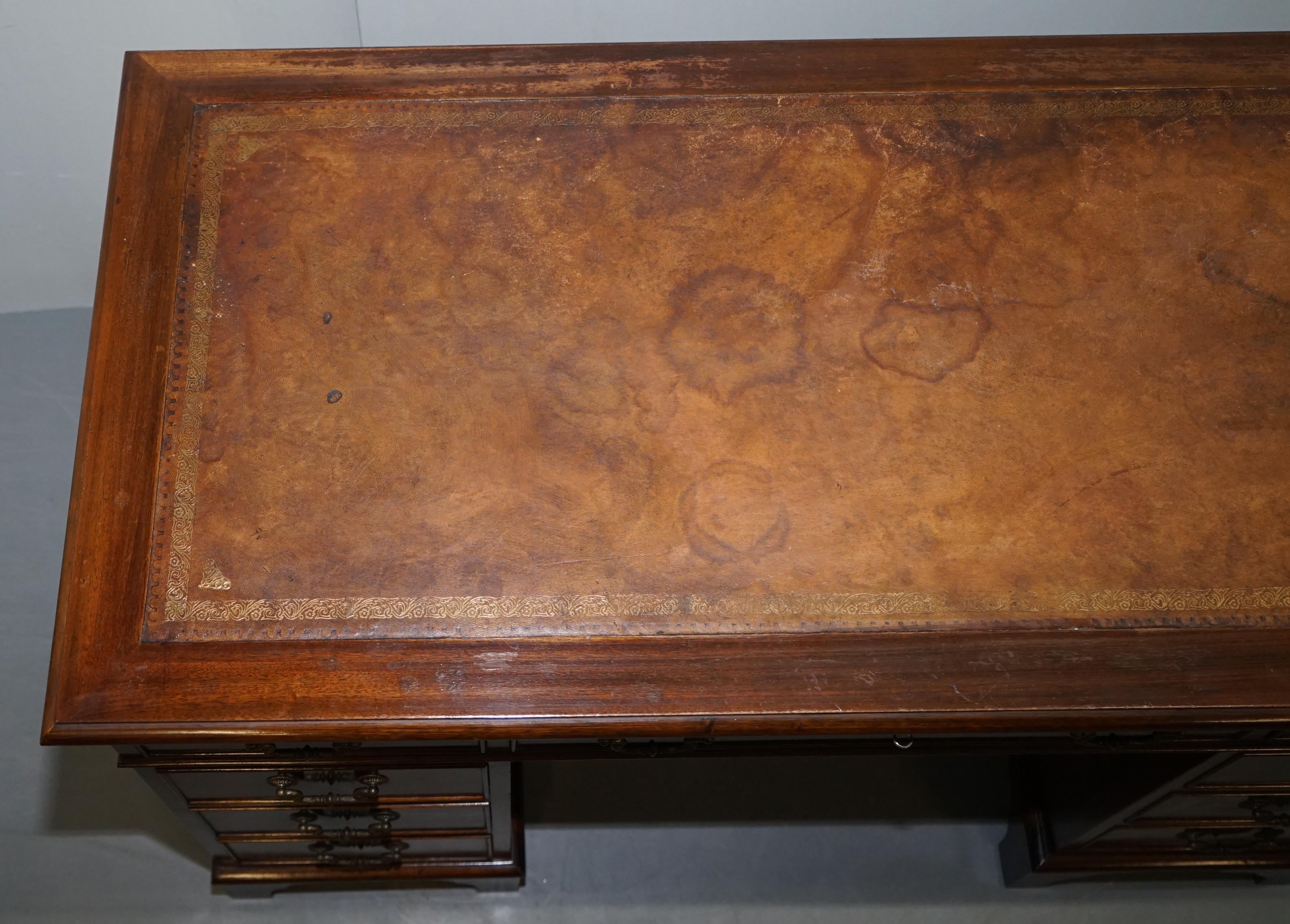 Vintage Hardwood Twin Pedestal Partner Desk With Distressed Brown Leather Top 4