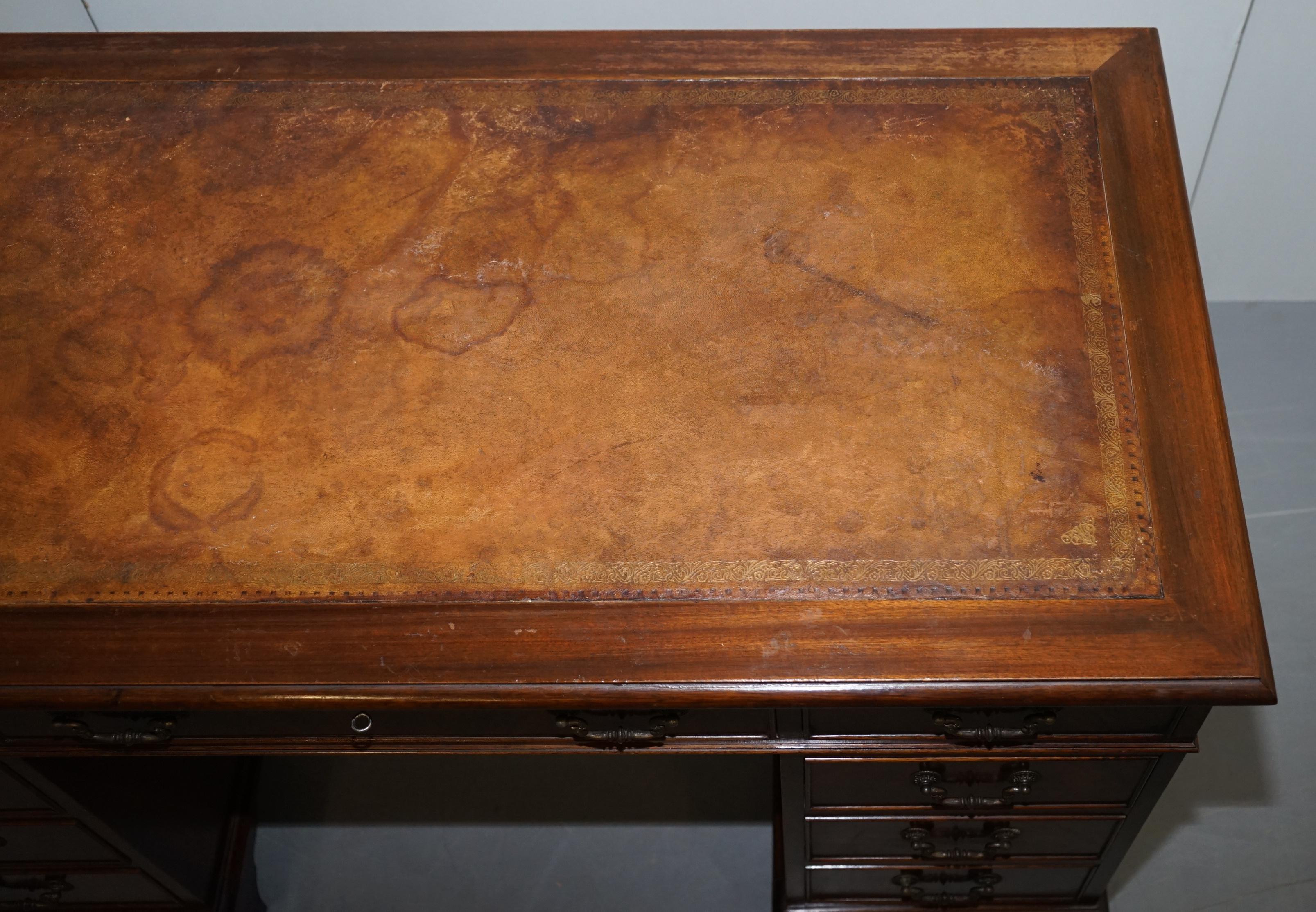 Vintage Hardwood Twin Pedestal Partner Desk With Distressed Brown Leather Top 5