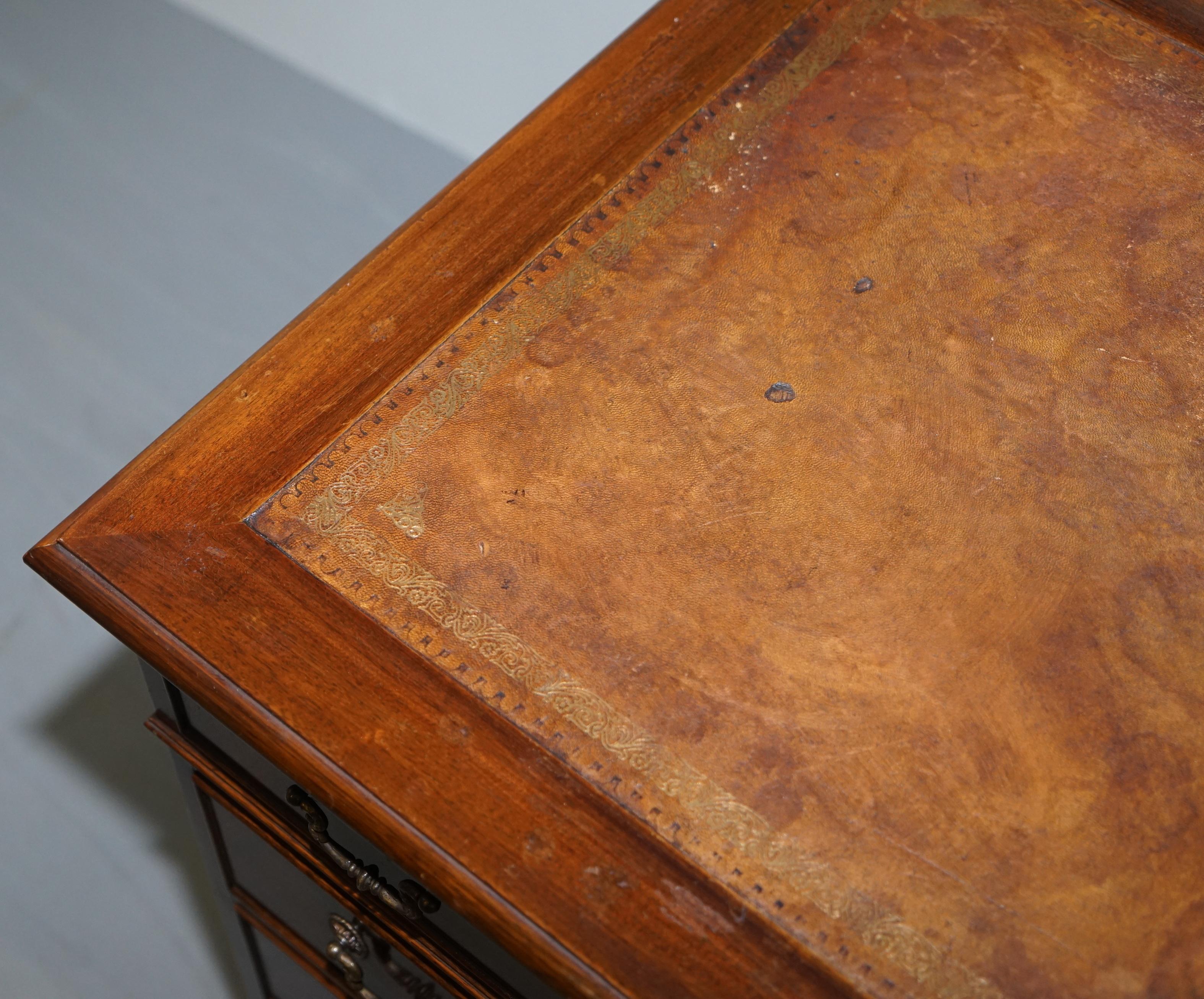Vintage Hardwood Twin Pedestal Partner Desk With Distressed Brown Leather Top 6