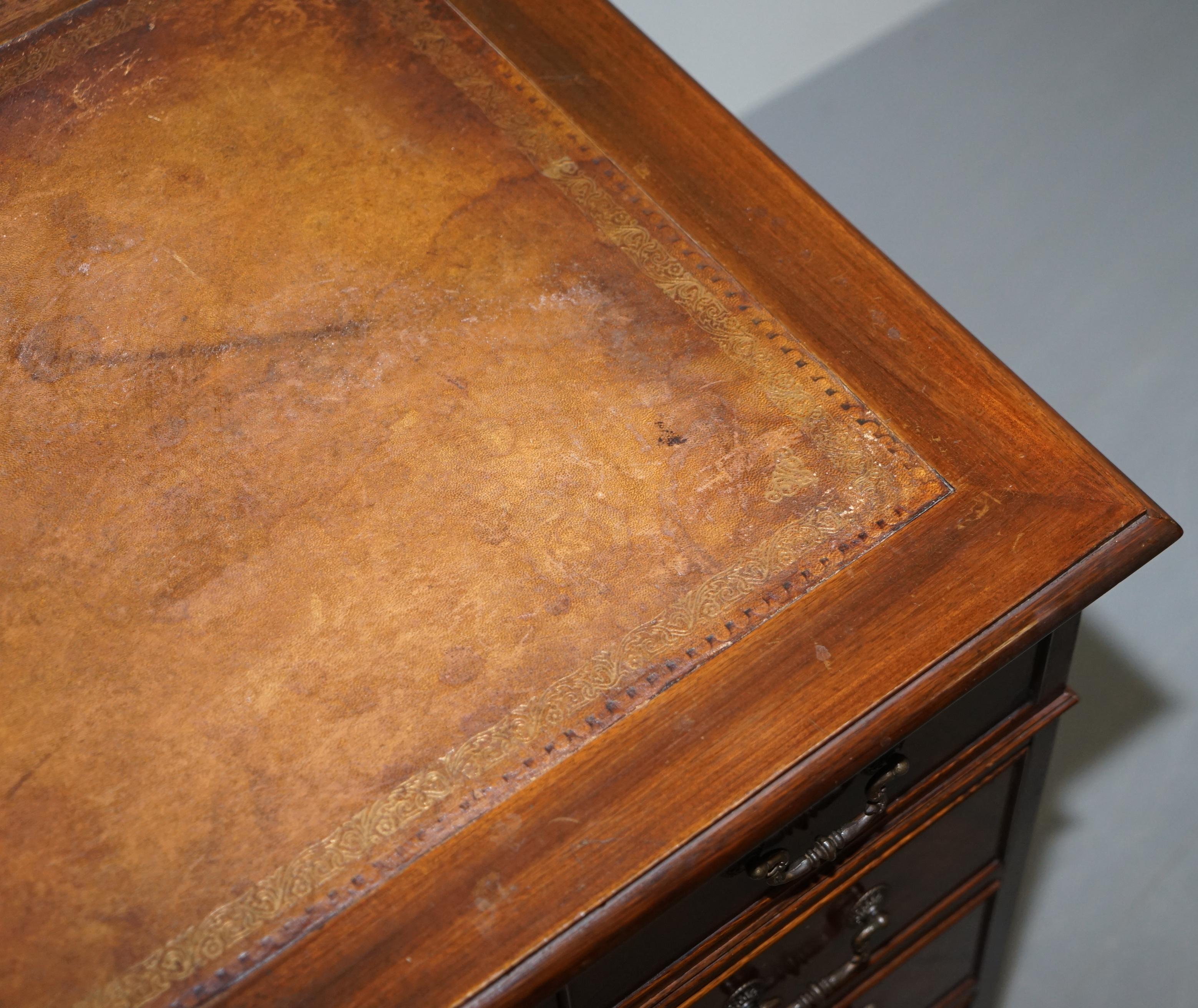 Vintage Hardwood Twin Pedestal Partner Desk With Distressed Brown Leather Top 7