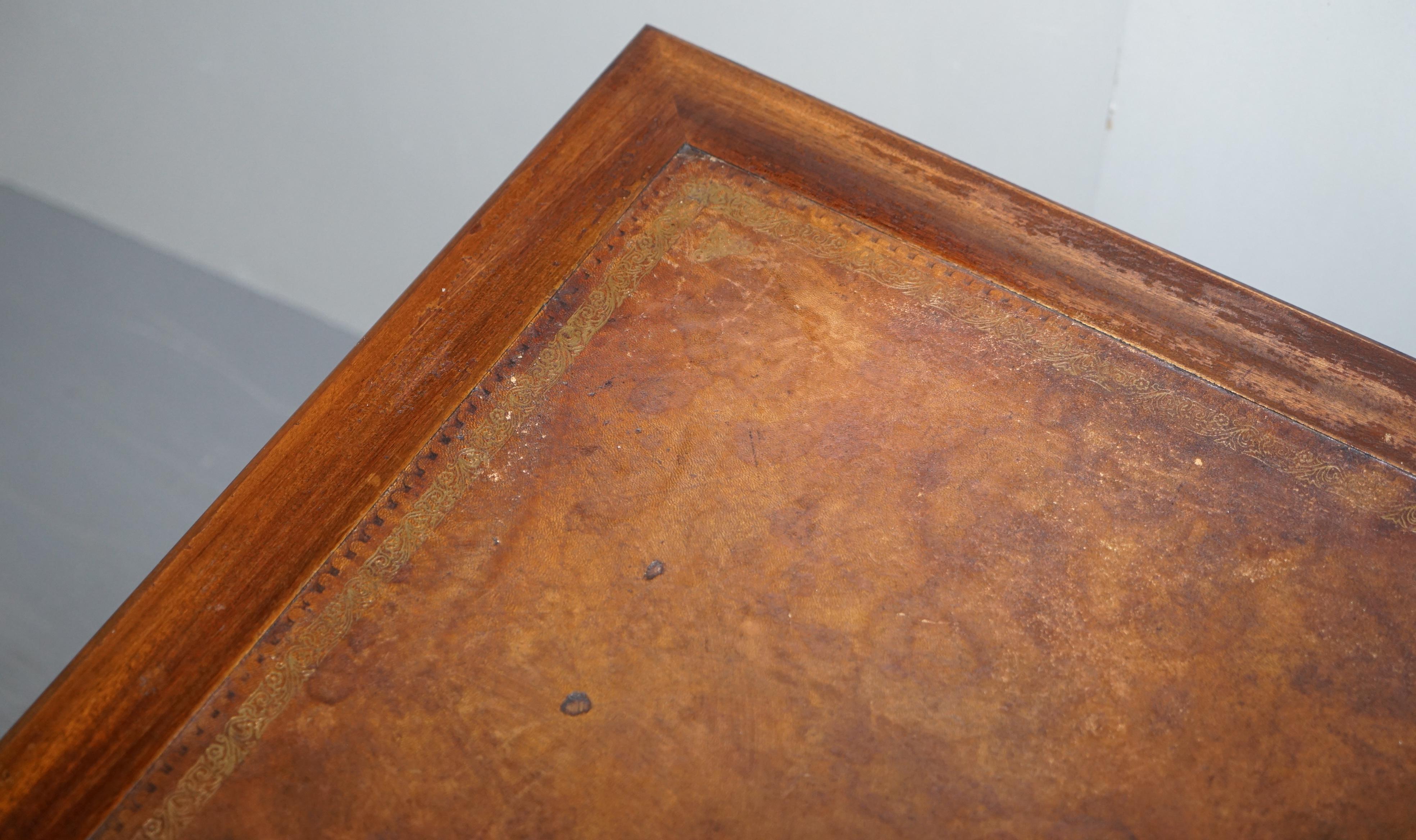 Vintage Hardwood Twin Pedestal Partner Desk With Distressed Brown Leather Top 8