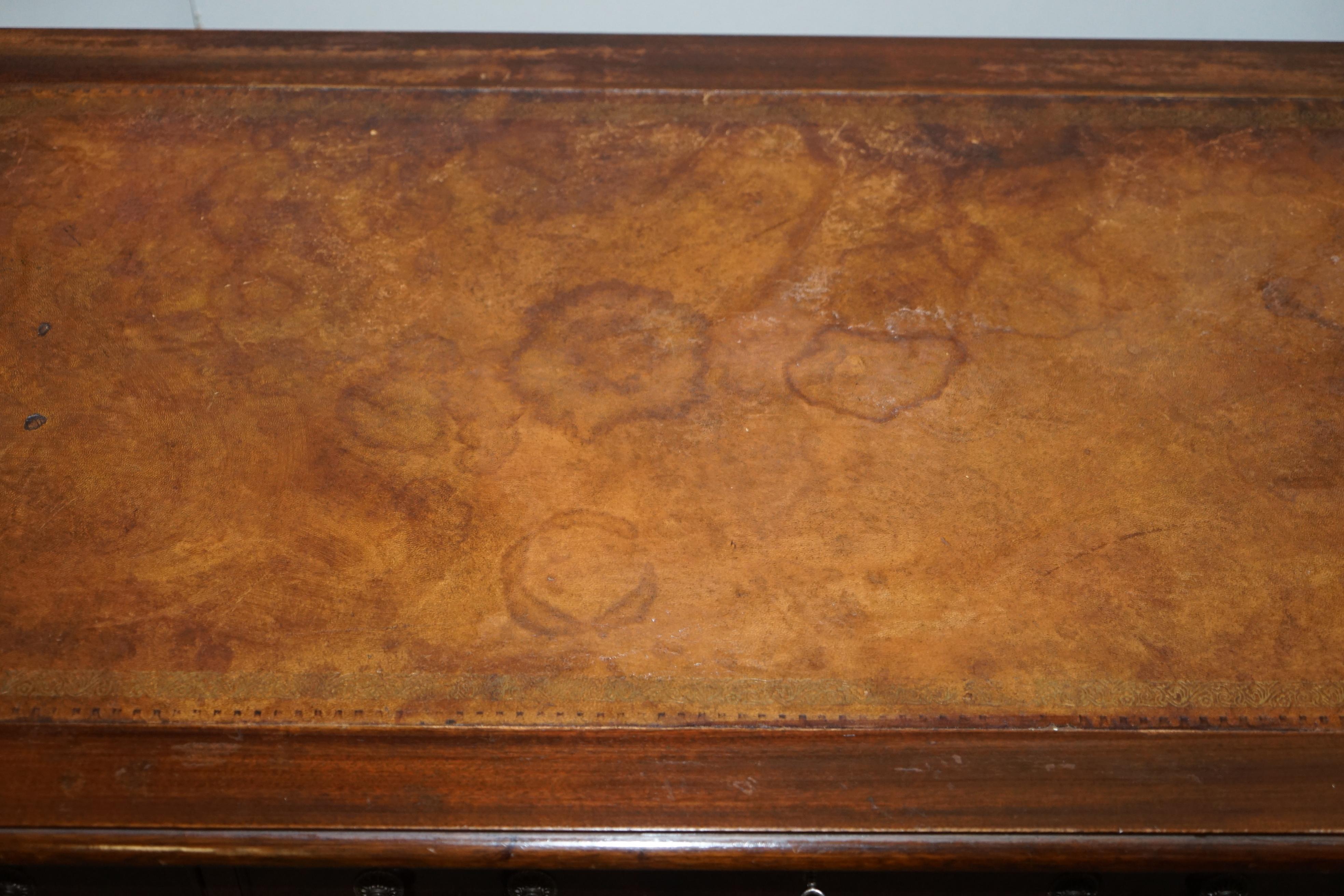 Vintage Hardwood Twin Pedestal Partner Desk With Distressed Brown Leather Top 9
