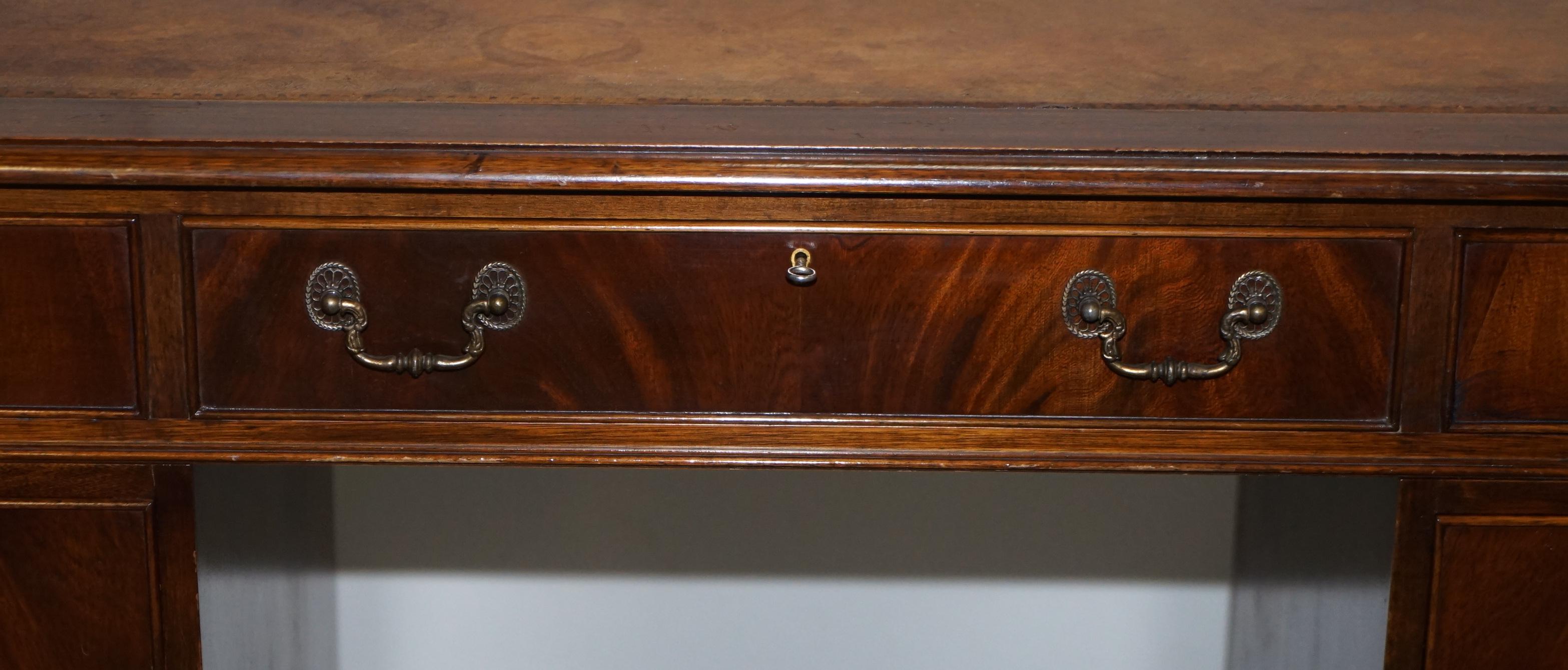 Vintage Hardwood Twin Pedestal Partner Desk With Distressed Brown Leather Top 10