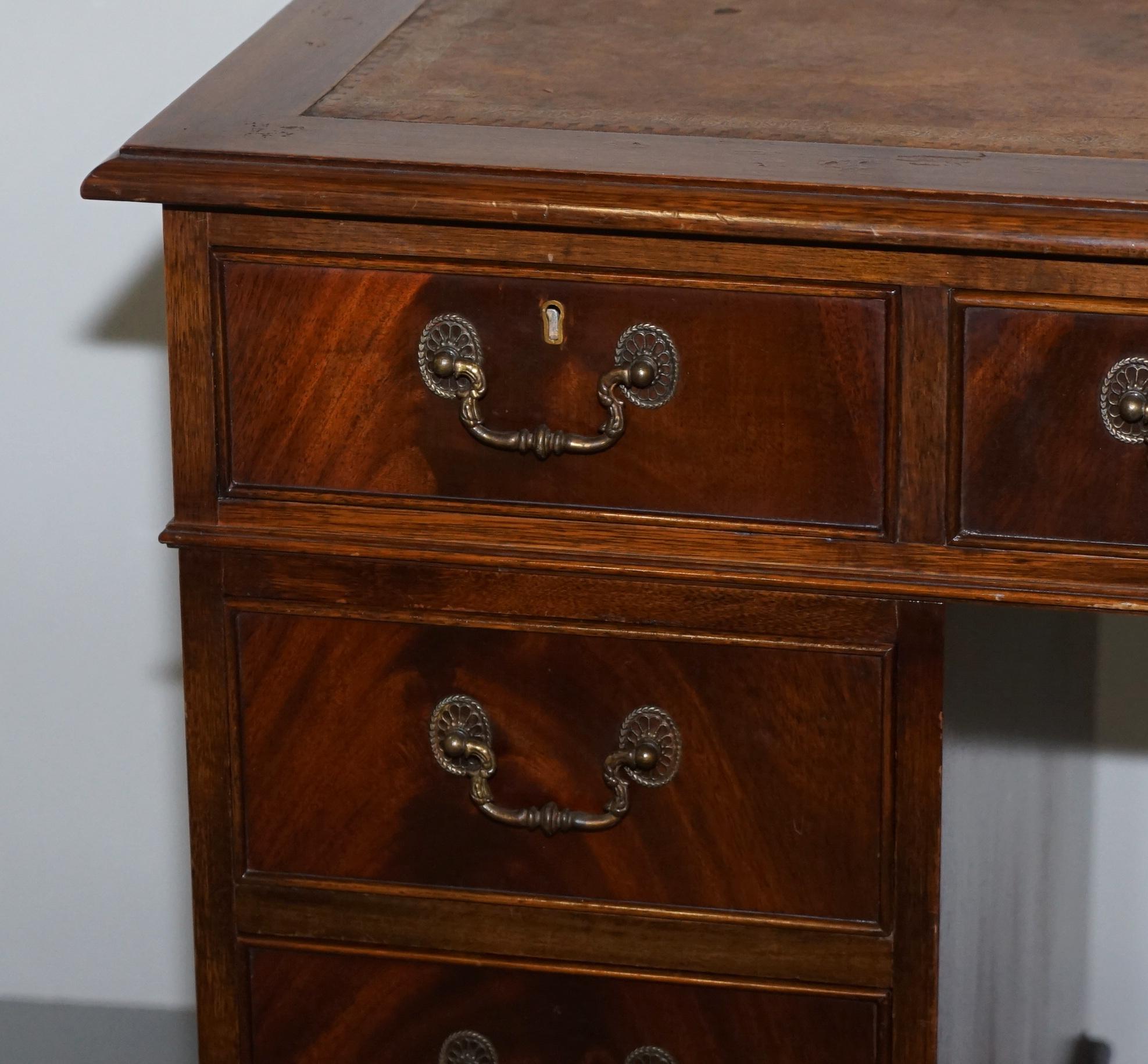 Vintage Hardwood Twin Pedestal Partner Desk With Distressed Brown Leather Top 11