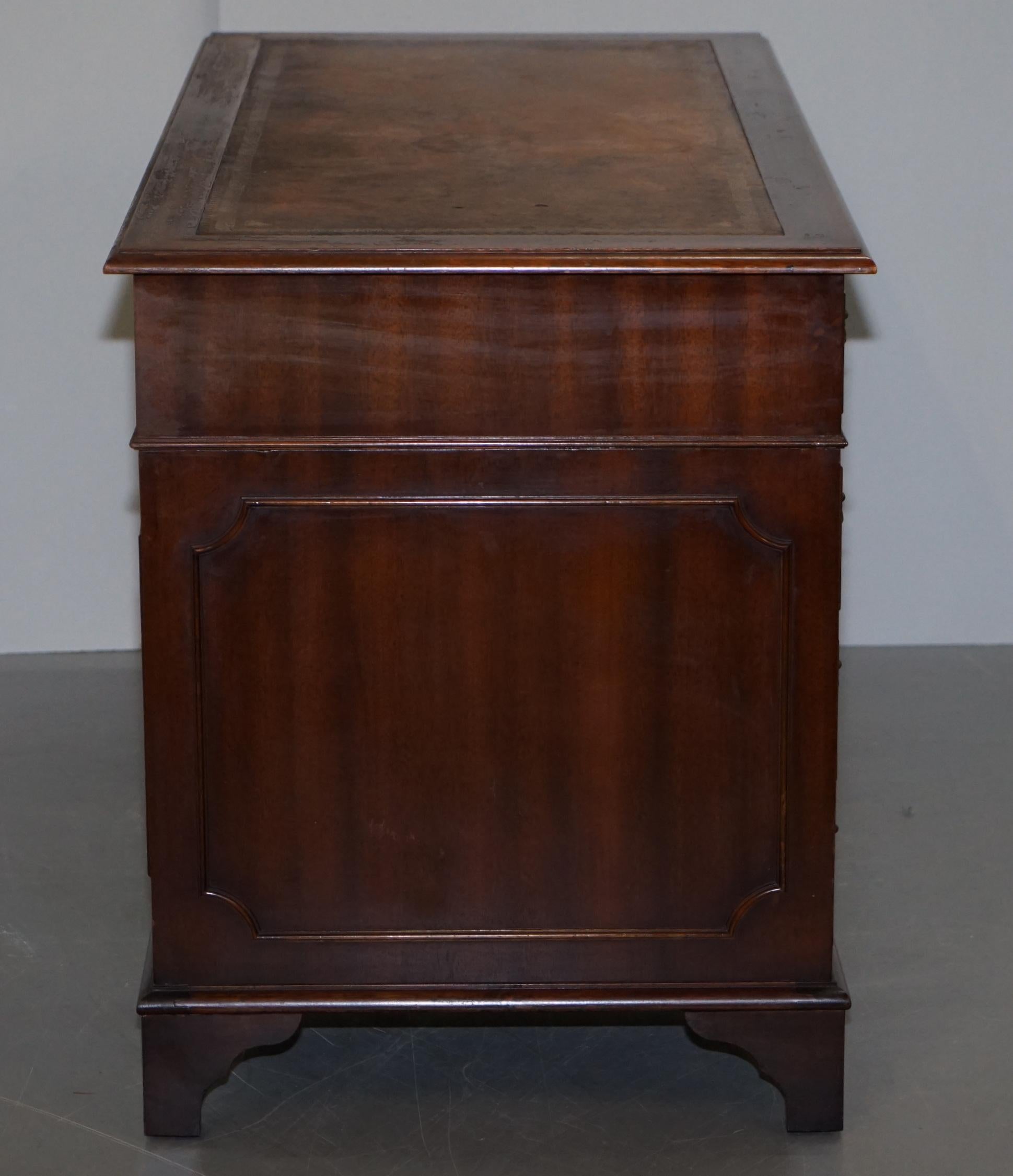 Vintage Hardwood Twin Pedestal Partner Desk With Distressed Brown Leather Top 12