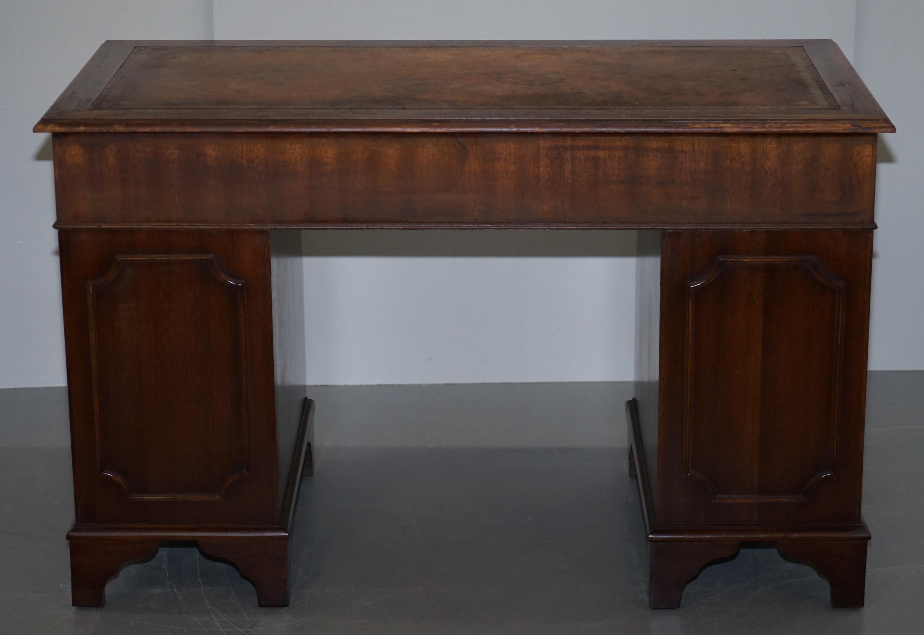 Vintage Hardwood Twin Pedestal Partner Desk With Distressed Brown Leather Top 13