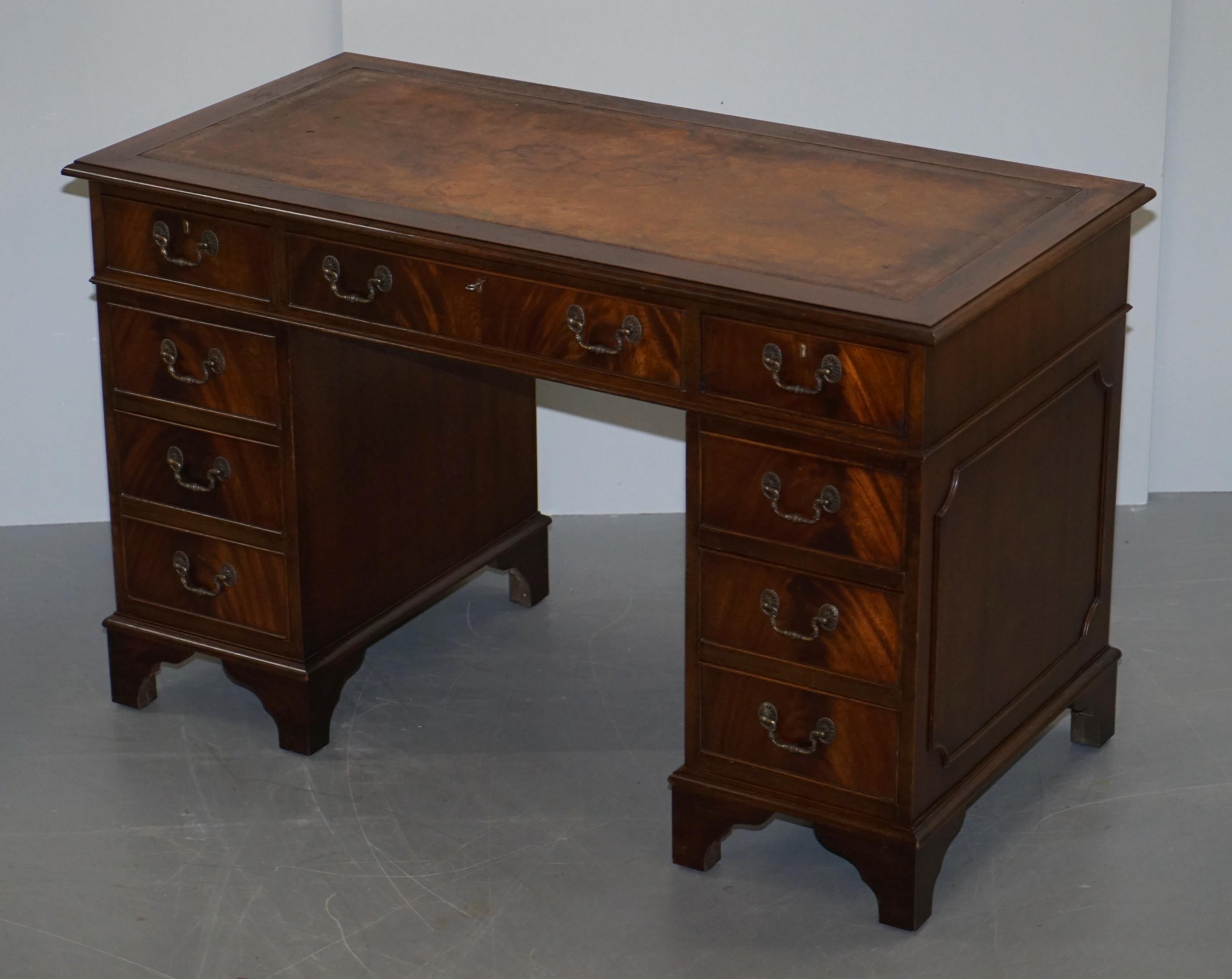 Victorian Vintage Hardwood Twin Pedestal Partner Desk With Distressed Brown Leather Top