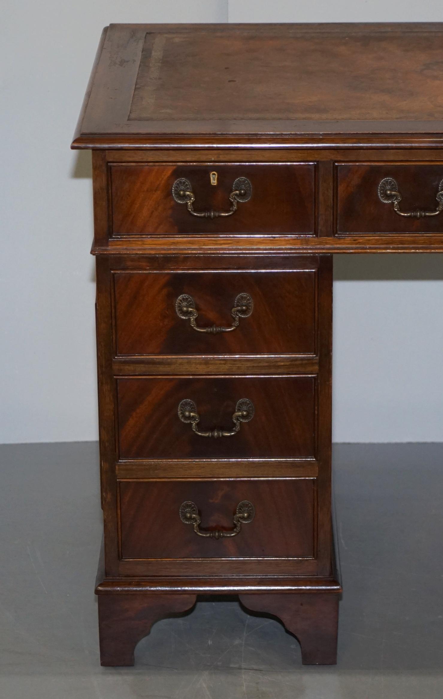 English Vintage Hardwood Twin Pedestal Partner Desk With Distressed Brown Leather Top
