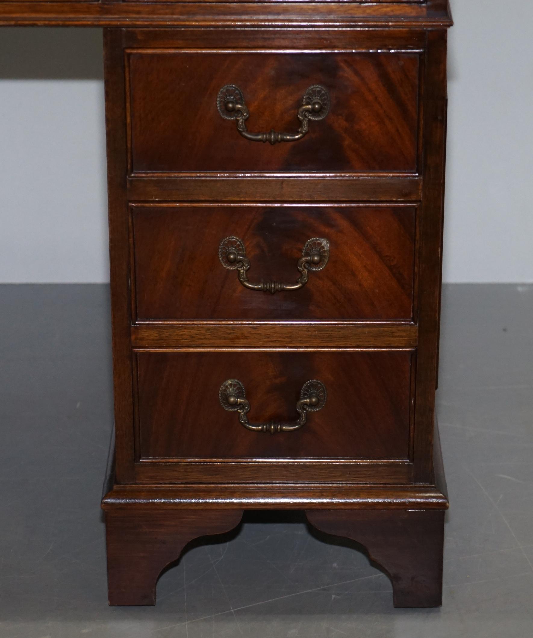Vintage Hardwood Twin Pedestal Partner Desk With Distressed Brown Leather Top 2