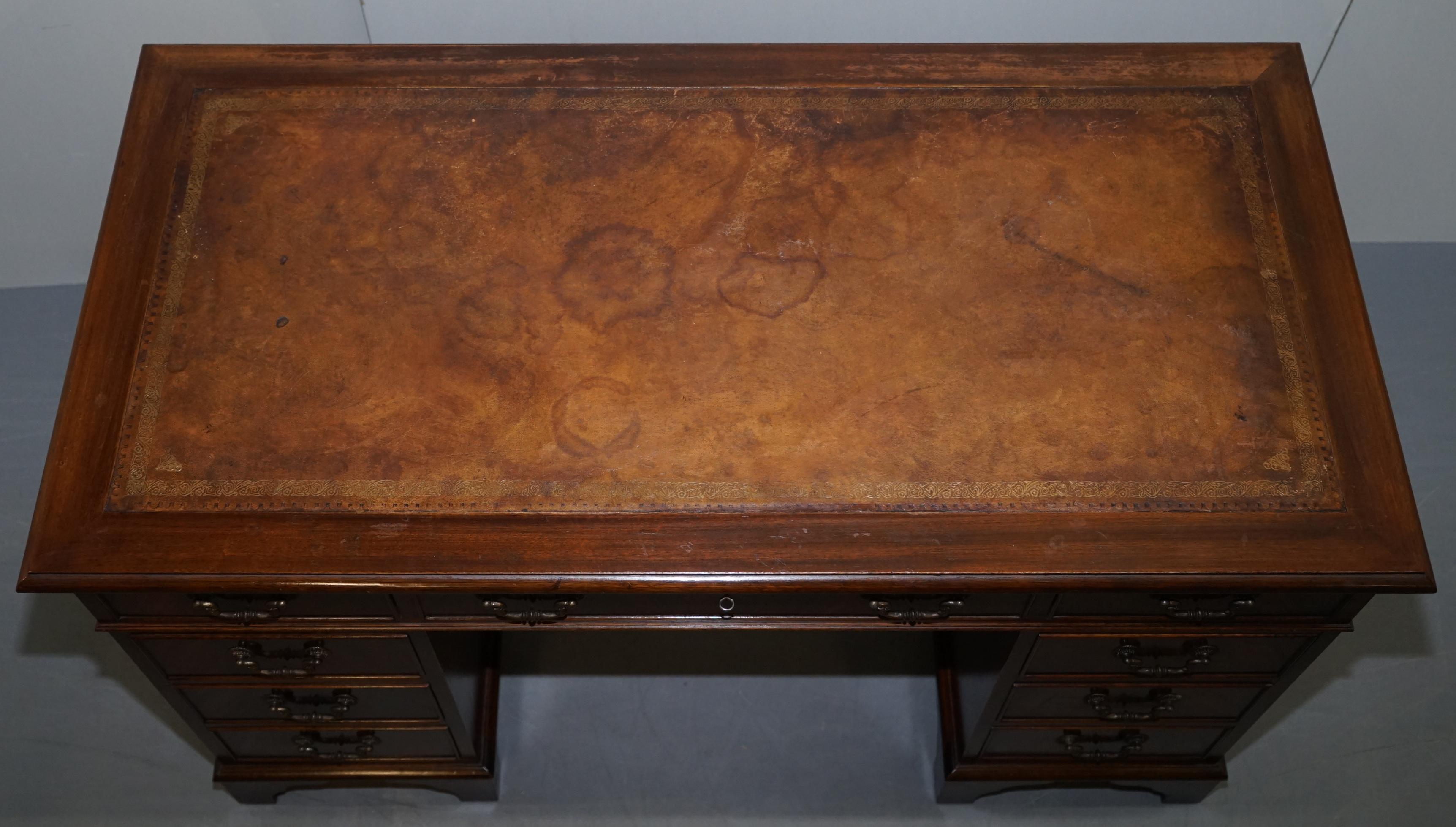 Vintage Hardwood Twin Pedestal Partner Desk With Distressed Brown Leather Top 3