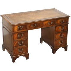 Vintage Hardwood Twin Pedestal Partner Desk With Distressed Brown Leather Top