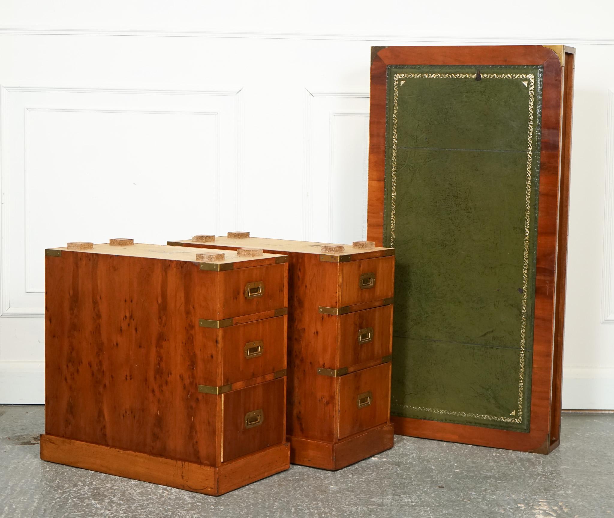 VINTAGE BURR YEW CAMPAIGN MILITARY GREEN LEATHER TWiN PEDESTAL DESK BRASS For Sale 7