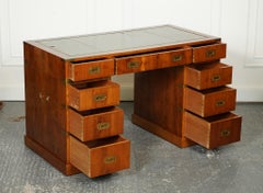 Vintage By YEW CAMPAIGN MILITARY GREEN LEATHER TWiN PEDESTAL DESK BRASS
