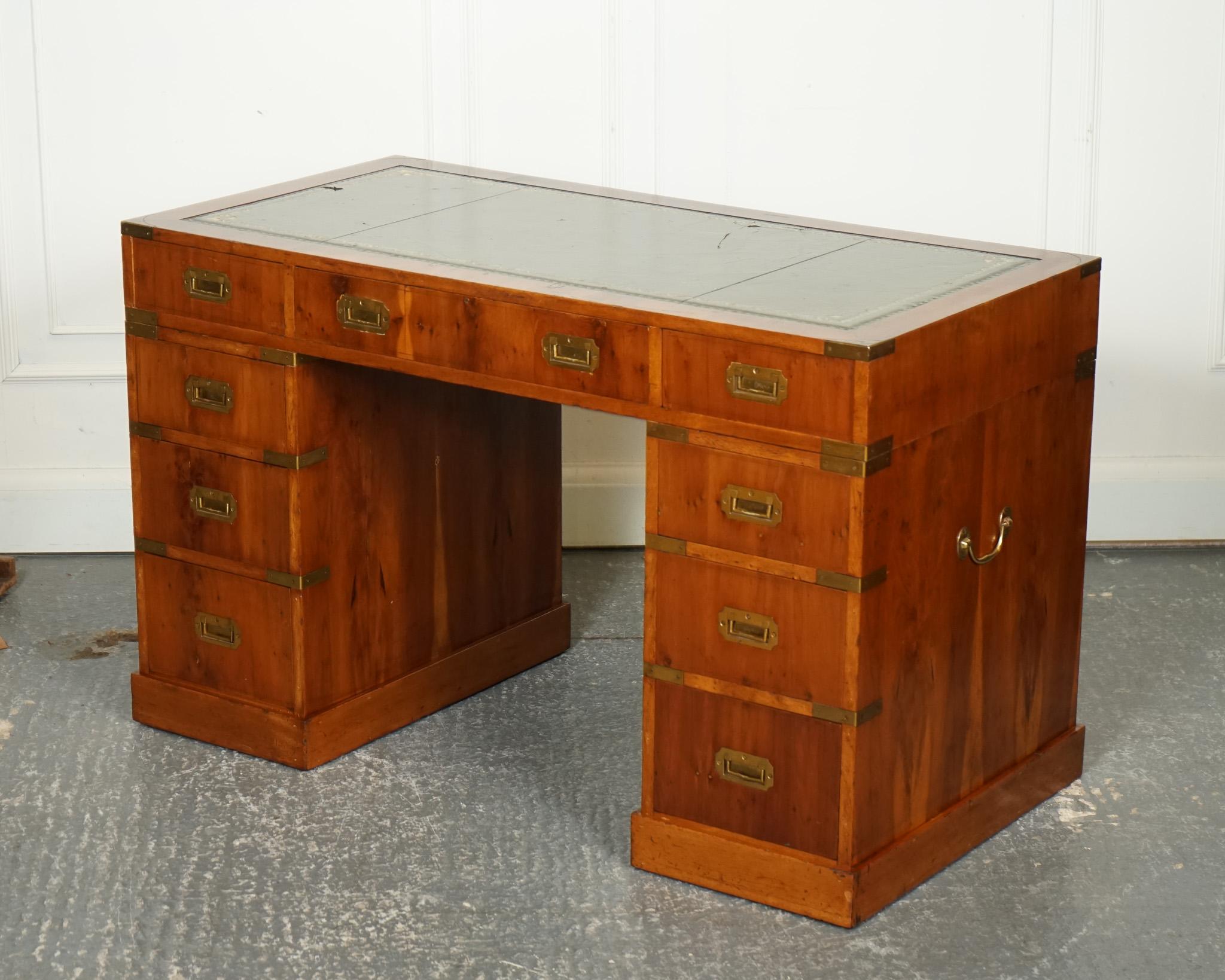 British VINTAGE BURR YEW CAMPAIGN MILITARY GREEN LEATHER TWiN PEDESTAL DESK BRASS For Sale