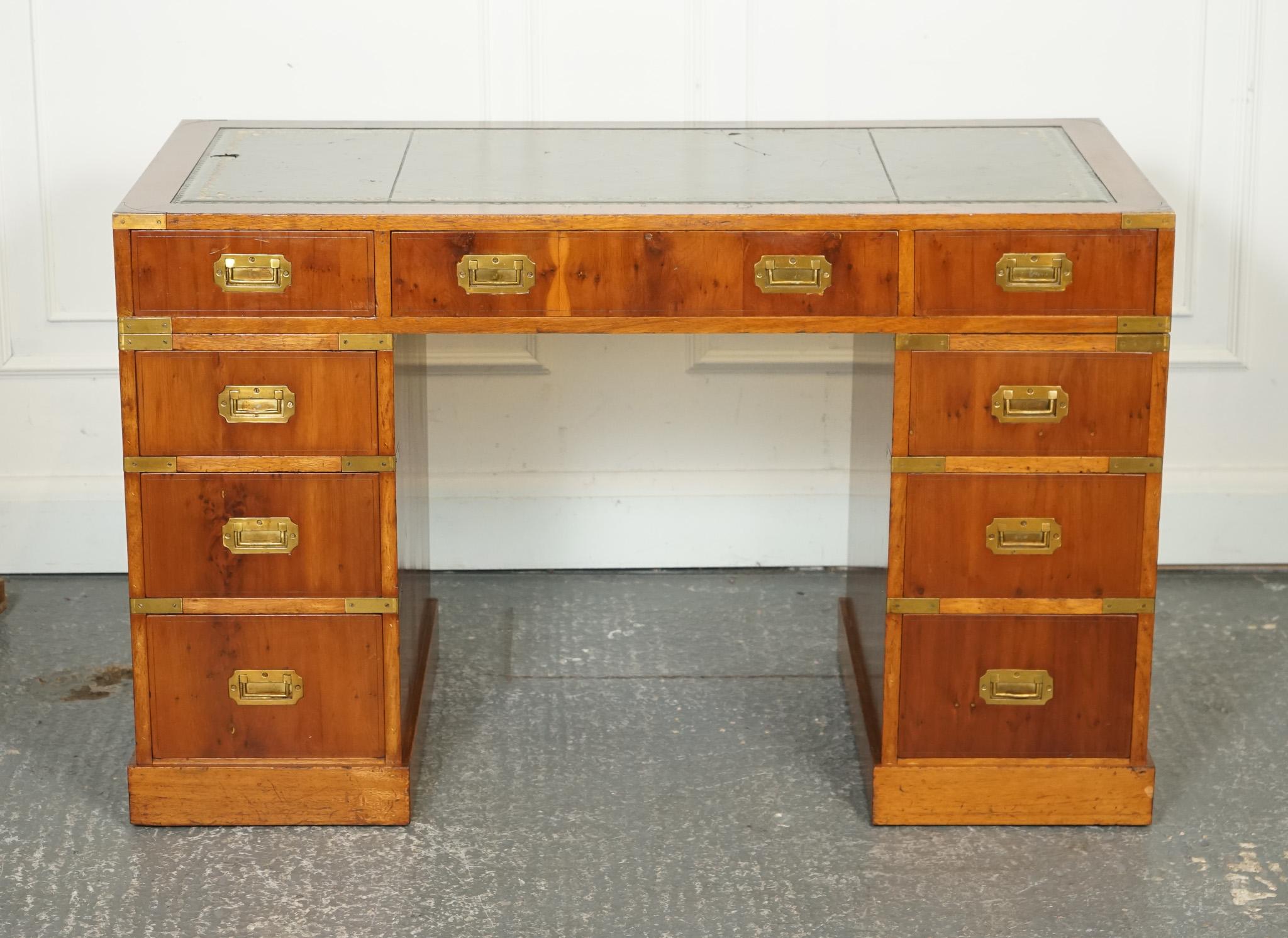 Hand-Crafted VINTAGE BURR YEW CAMPAIGN MILITARY GREEN LEATHER TWiN PEDESTAL DESK BRASS For Sale