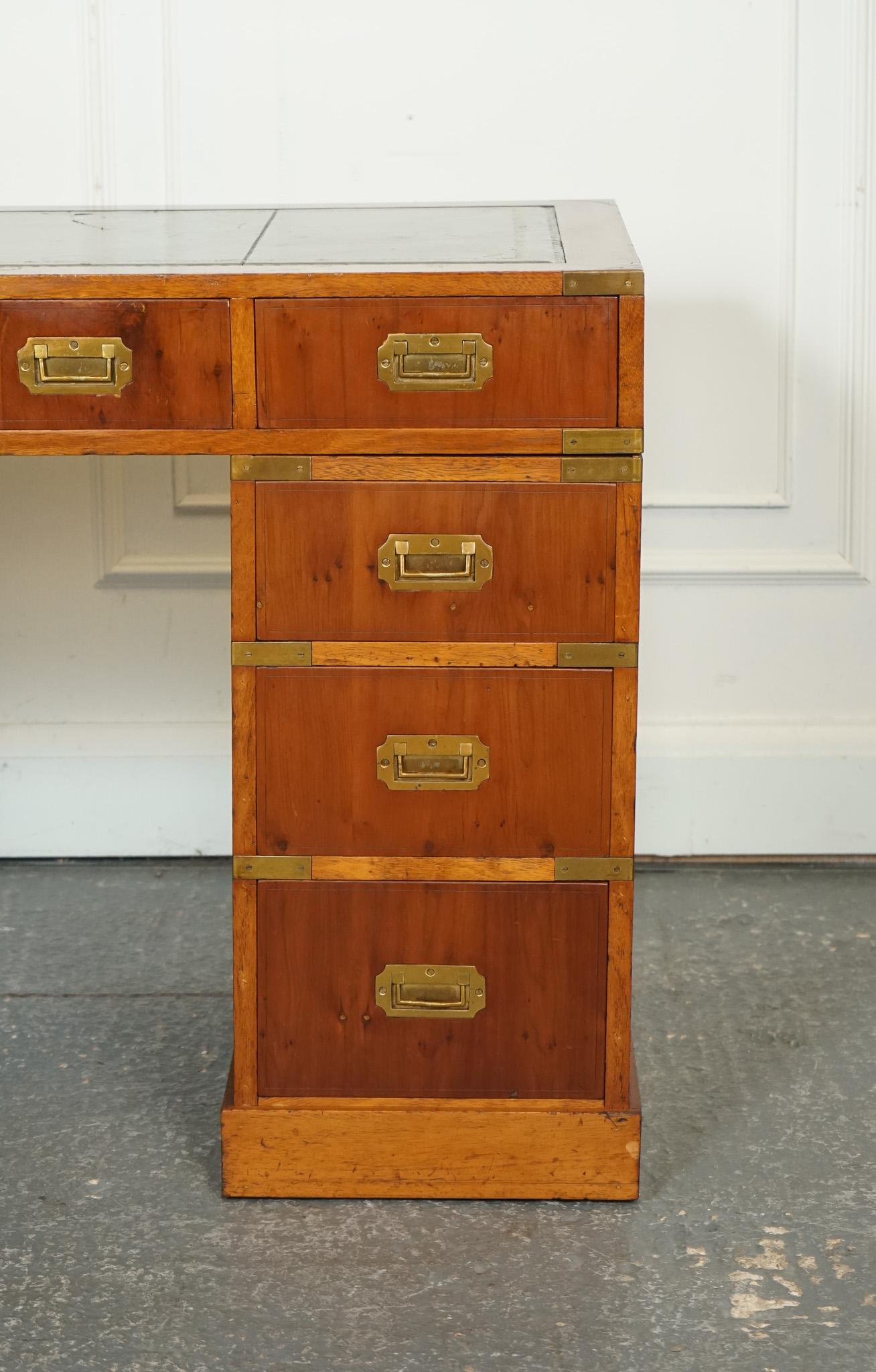 20th Century VINTAGE BURR YEW CAMPAIGN MILITARY GREEN LEATHER TWiN PEDESTAL DESK BRASS For Sale