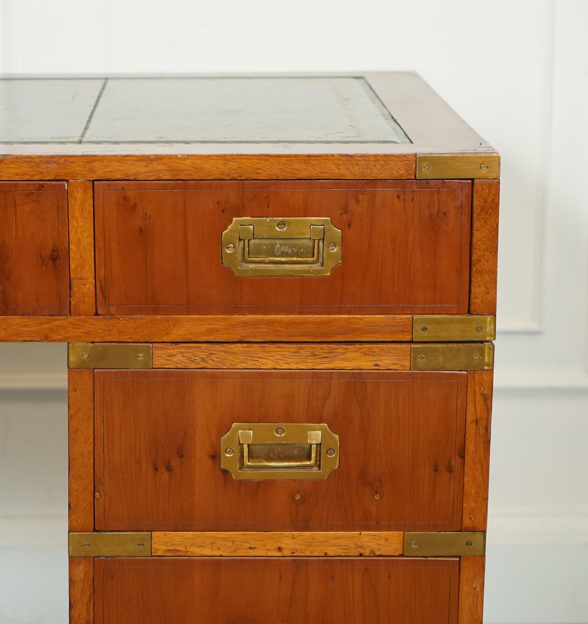 VINTAGE BURR YEW CAMPAIGN MILITARY GREEN LEATHER TWiN PEDESTAL DESK BRASS For Sale 1
