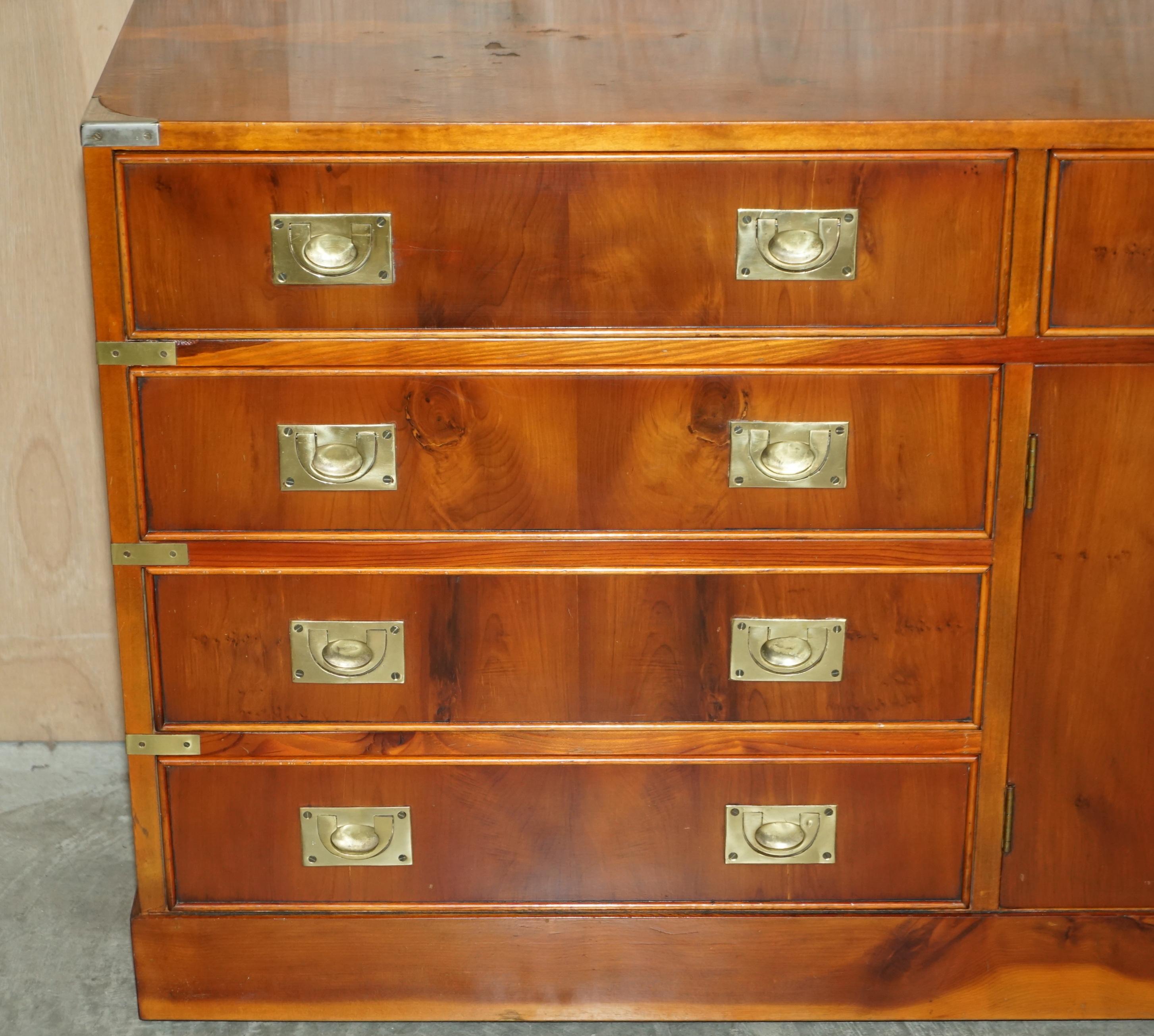 English Vintage Burr Yew Military Campaign Sideboard Drinks Cabinet Bank of Drawers For Sale