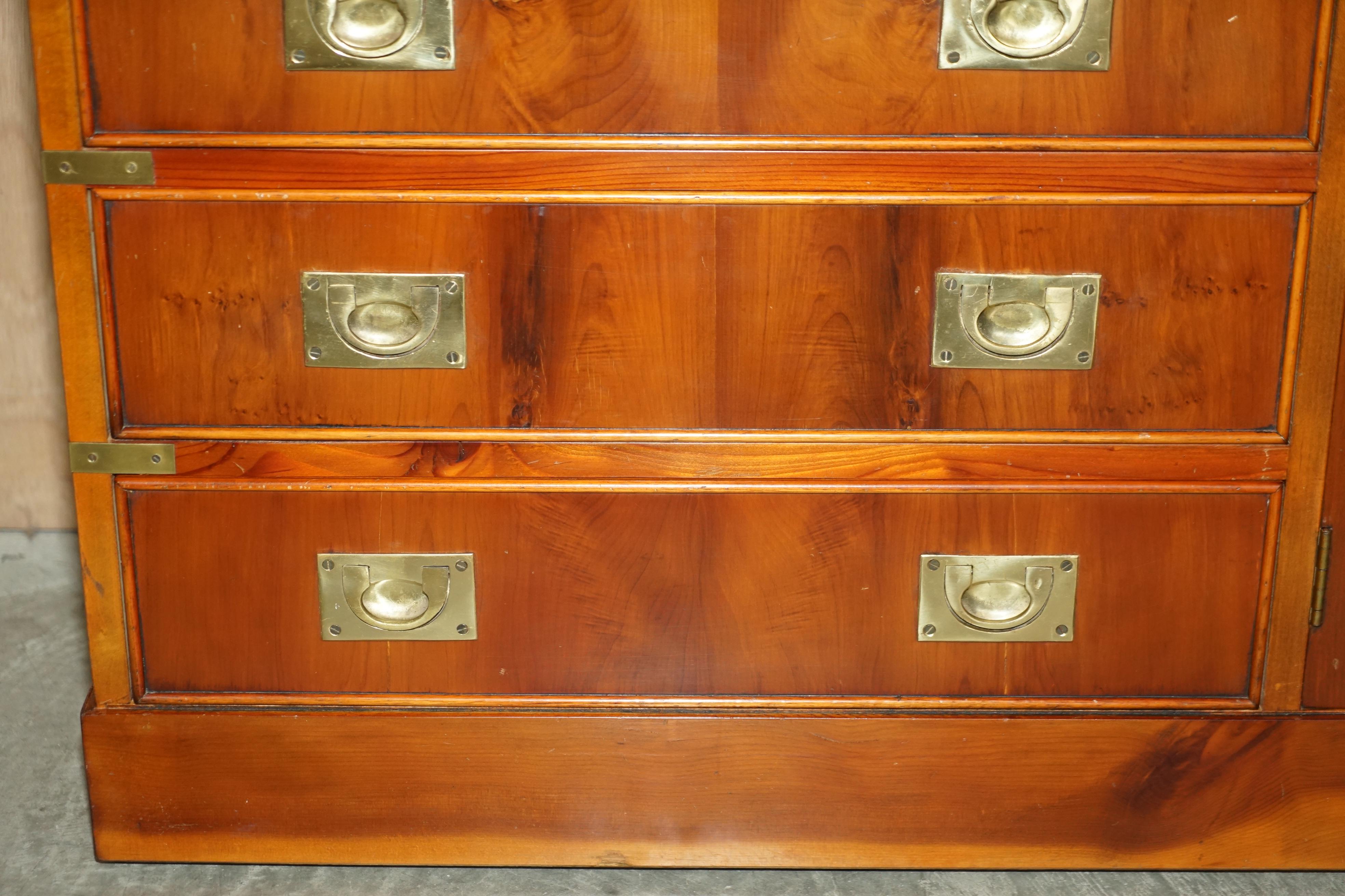 Brass Vintage Burr Yew Military Campaign Sideboard Drinks Cabinet Bank of Drawers For Sale