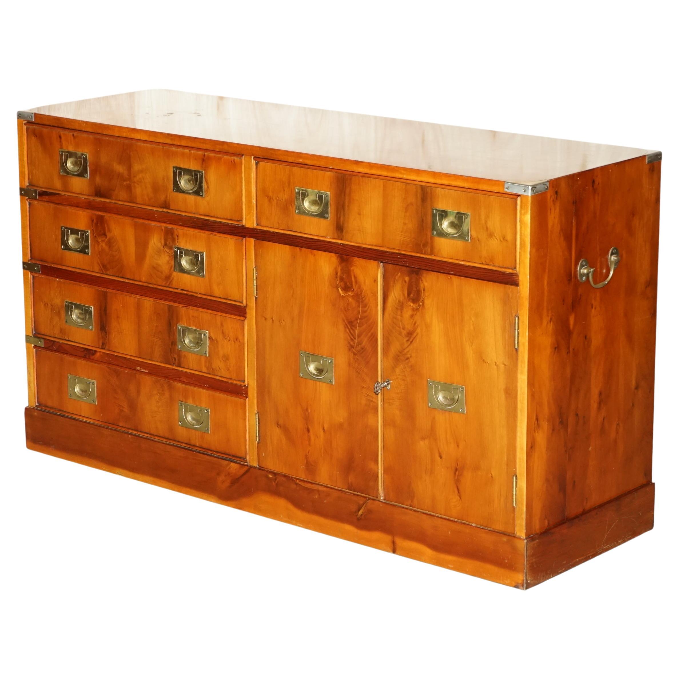 Vintage Burr Yew Military Campaign Sideboard Drinks Cabinet Bank of Drawers For Sale