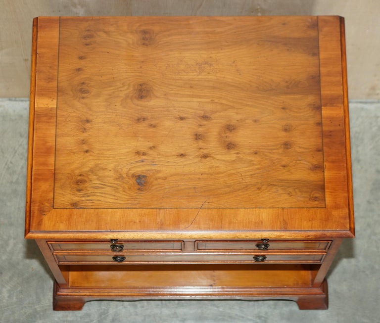 Vintage Burr Yew Wood Bedside / Side End Table Drawers with Butlers Serving Tray For Sale 8