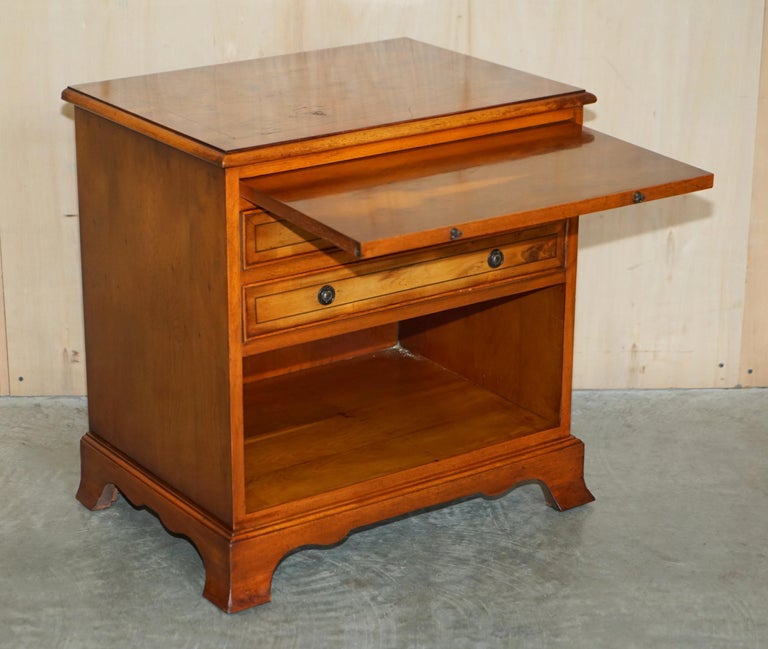 Vintage Burr Yew Wood Bedside / Side End Table Drawers with Butlers Serving Tray For Sale 13