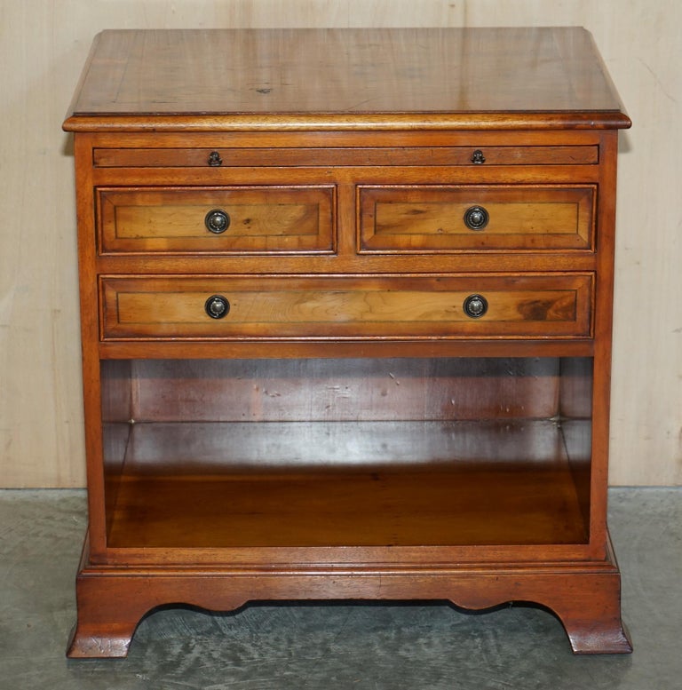 Campaign Vintage Burr Yew Wood Bedside / Side End Table Drawers with Butlers Serving Tray For Sale