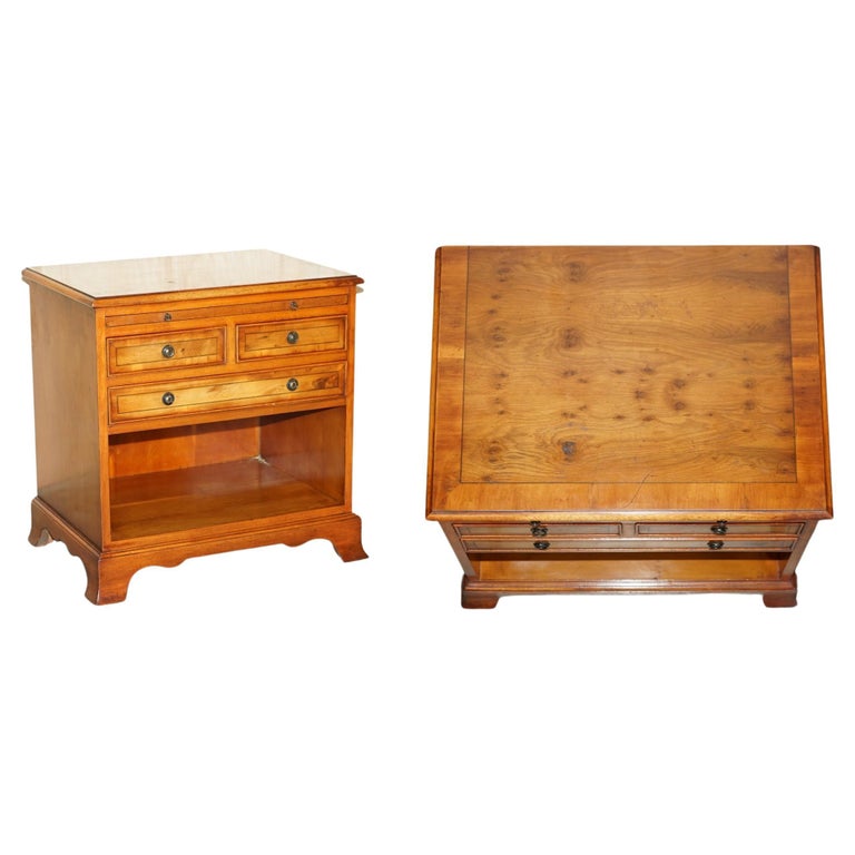 Vintage Burr Yew Wood Bedside / Side End Table Drawers with Butlers Serving Tray For Sale