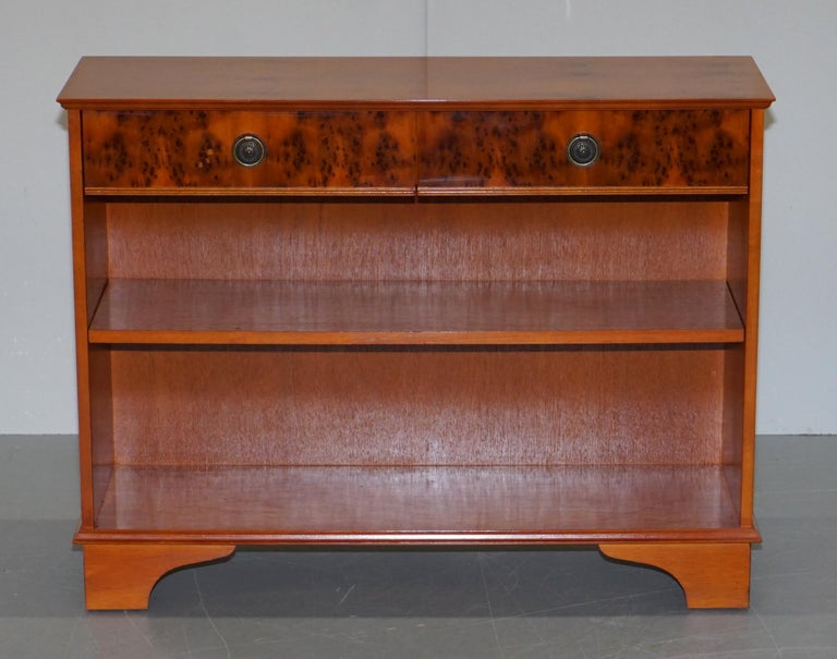 Vintage Burr Yew Wood Beresford and Hicks Two Drawer Open Dwarf Library Bookcase at 1stDibs